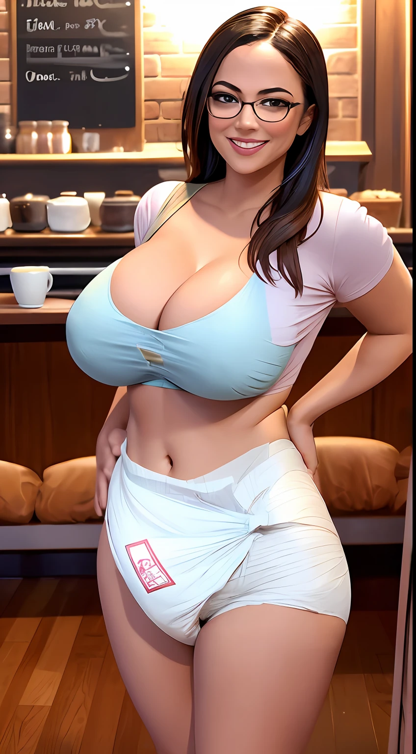 Sexy hipster woman, (coffee shop), bulky ((diaper)), diapered, beautiful, pleasure, colorful, fantasy, (big breasts), (wide hips), blushing, big lips, bimbo, long lashes, atmospheric, (mood lighting), smiling, raised eyebrows, sunny, wood floors, sunlight, ((hipster)), (thick rim hipster glasses), jeans, (plaid shirt), snow, winter, (thick glasses)