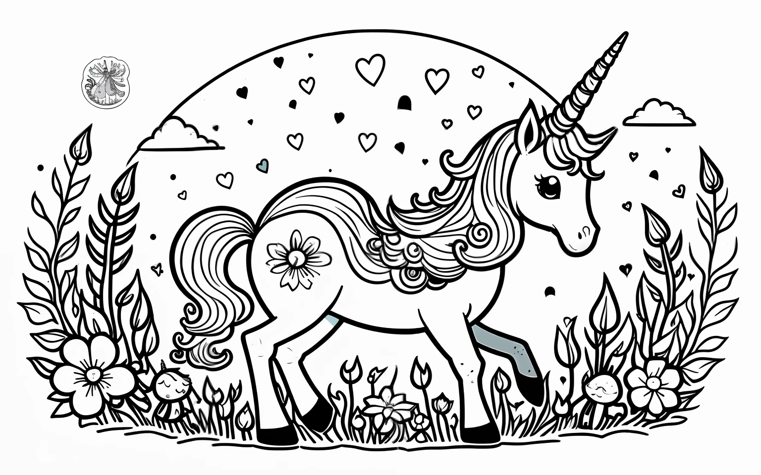 lineart, monocromo, arte vectorial de un lindo y feliz unicornio kawaii solitario corazones y flores, retraro fantastico, Destellos, sin color, hoja blanca, chozas de hadas, libro para colorear, for children, minimal, 1 sticker