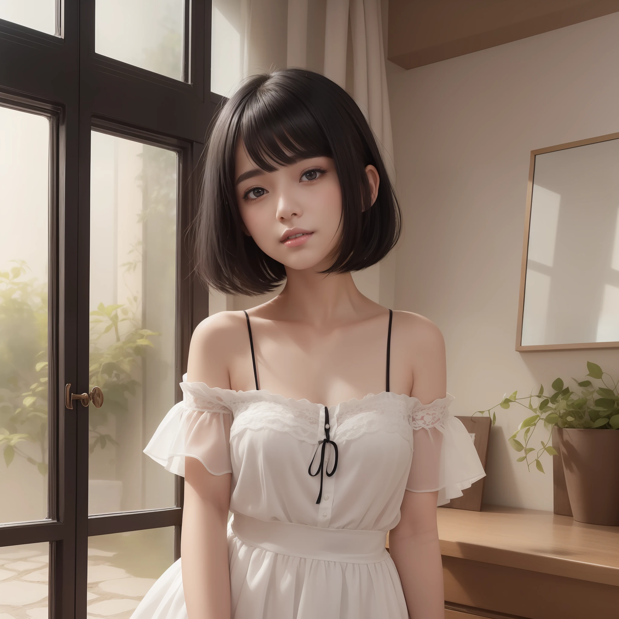 Image of beautiful teenage girl with top quality CG illustration。In high resolution、Beautiful fine details、tranquil atmosphere。(((Black Hair Bob Hair)))、Cute smile with mouth closed。Girl in white light short sleeve dress standing in room。