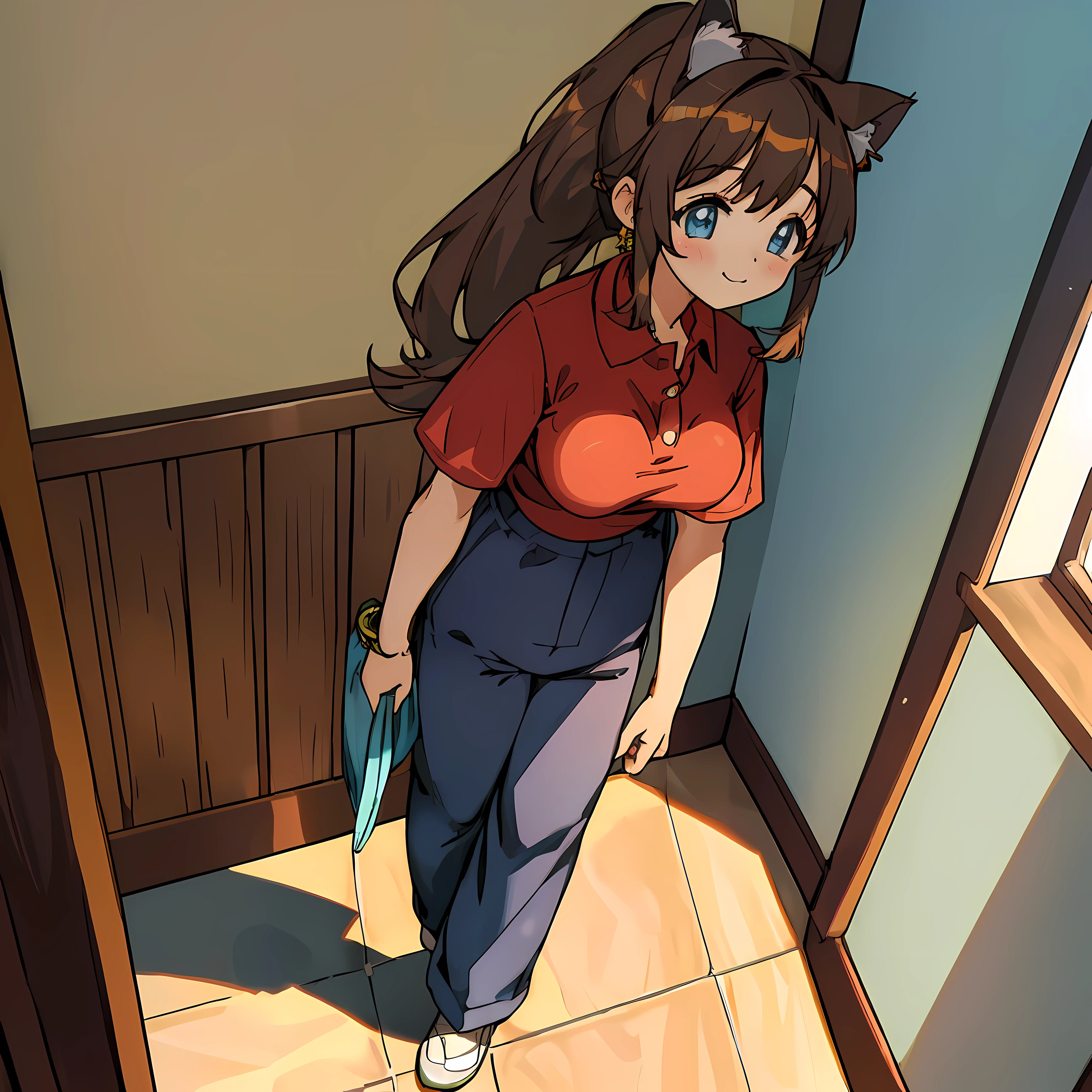 (Highly detailed CG Unity 8k wallpaper), (Best Quality), (Super Detail), (Best Illustration), (Best Shadow), POV, Realistic lighting and shading, Natural light, Lens flare effect, BREAK, 1 beautiful girl, Solo,(Cute:1.5),(Chibi:0.8), (kawaii:1.5),(Lori:0.5), BREAK, ( ( years olirl), Very detailed, colourfull, highest details, BREAK, (Huge breasts: 1. 2,), Clear skin, Beautiful skin, Shy skin, 1 beautiful girl, Brown hair, (Cat ears, Ponytail, medium-Long hair: 1. 2), (Light blue eyes, long eyelashes, Double eyelids: 1. 2), Solo, gleaming skin, BREAK,(trouser,Black chinos,Pichi Pichi:1.2), (shortsleeves, polo shirts, Red Shirt:1.2), (star-shaped earring:1.1), (Lace headband:1.0), (Cute Accessories:1.3), (A smile,Happiness:1.1), (is standing,Slouched:1.3), Holding paper pants in his right hand,Hanging a tube of ointment in the left hand, (Angle from the front:1.1), BREAK, (Caregiver:1.2),(Facilities for the elderly,Day Service,in a house:1.5),(Multiple seniors)