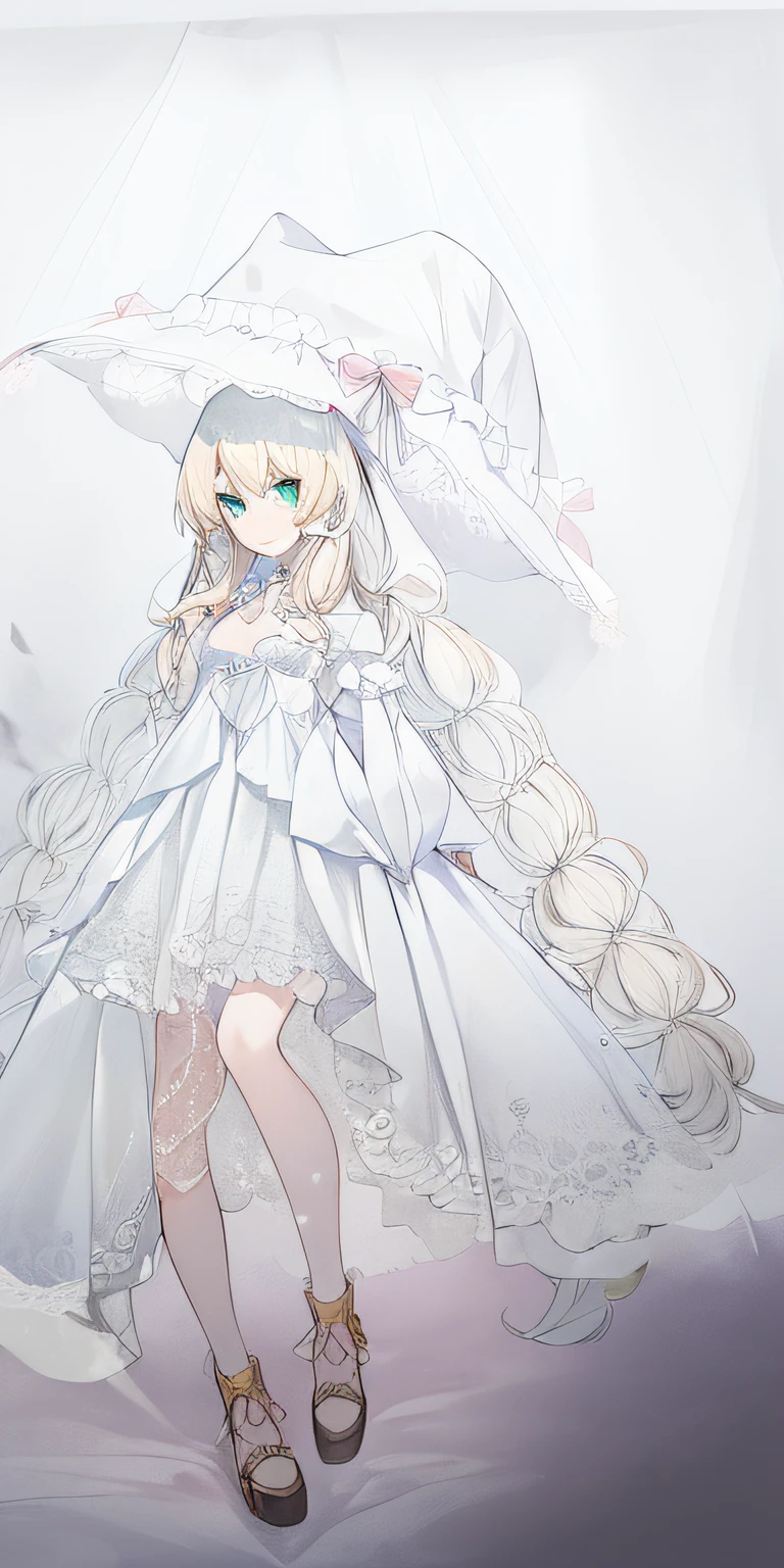 Anime drawing of a woman in a white dress and hat, cute anime waifu in a nice dress, in dress, Blonde anime girl with long hair, anime visual of a cute girl, Beautiful anime art, pretty anime character design, a maid in a magical forest, Splash art anime Loliautiful fantasy anime, Soft anime illustration, zerochan art