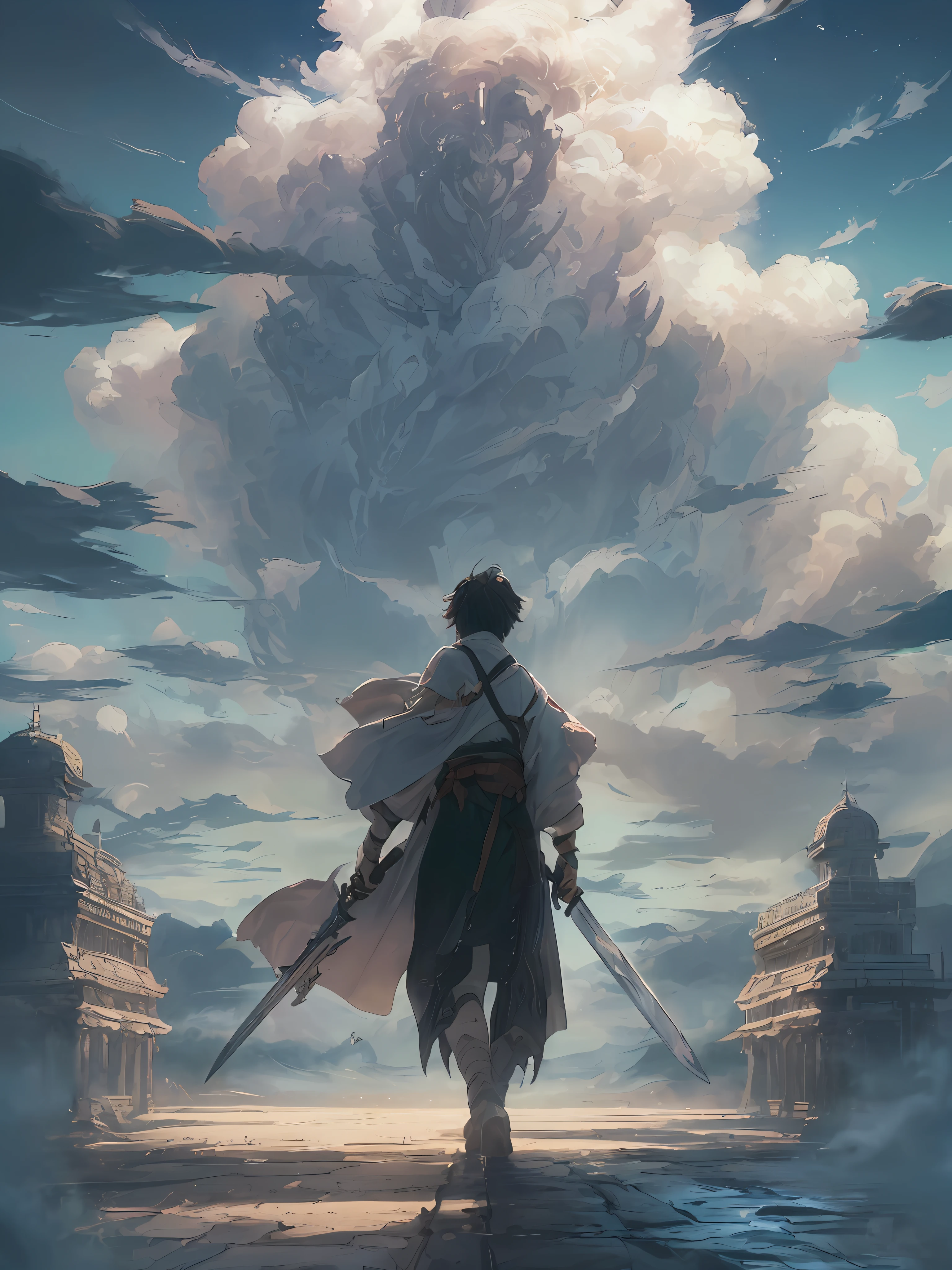 ((​masterpiece, Top  Quality)), (Highly detailed CG unity 8k wallpaper, ​masterpiece, Top  Quality, A highly detailed, best shadows), (detailed backgorund), (Beautiful detailed face, Beautiful detailed eyes), High contrast, (Best lighting, an extremely delicate and beautiful), (Anime Man : 1.2), ((A long sword walking on the clouds, ripple, Background of the scarlet dawn, Backshot, A fantasy world of destiny, Low-angle painting of the god killer, concept-art, the anime, Key visuals, WLOP and Greg Rutkowski, Makoto Shinkai and Studio Ghibli's Trendy PIXIV Fanbox), ((falsetto)), dynamic angle, beautiful details glow, hands, Knife, fantastical, With a beautiful soul