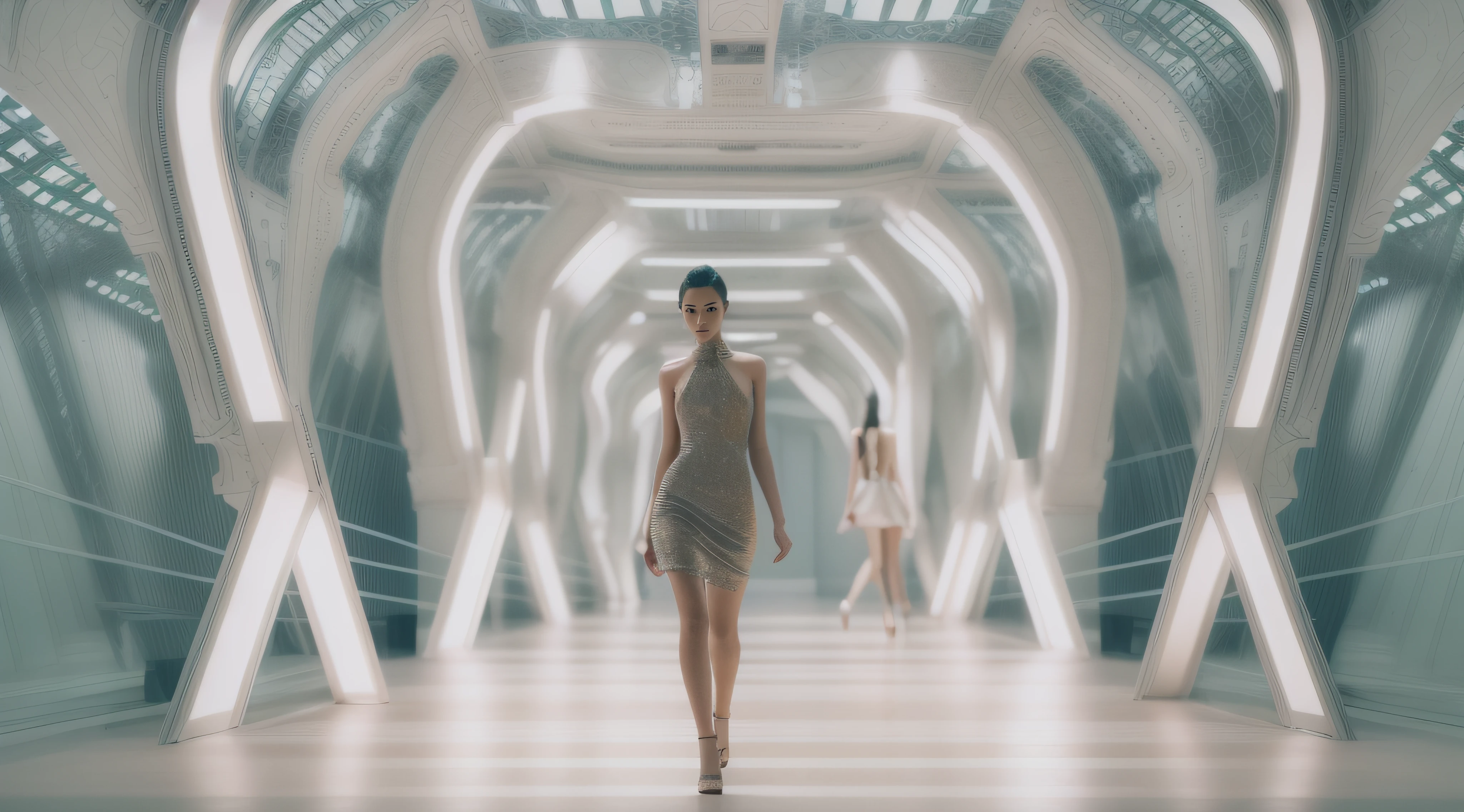RAW photo, a fashion model, walk on runway, futuristic style, (photo-realistic:1.5), (RAW photo, 8k uhd, film grain), extremely delicate and beautiful, highres, sharp focus, extremely detailed, masterpiece, cinematic lighting, (high detailed skin:1.2), dslr, soft lighting, high quality, film grain, Fujifilm XT3