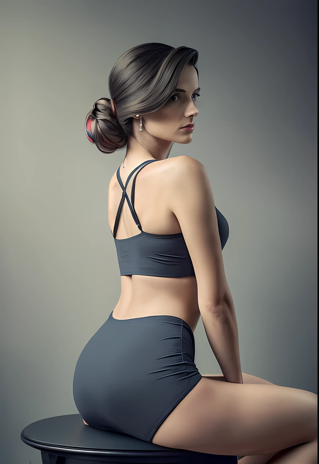 (full body, portrait of Catherine as a 50 y.o. female prime minister), (detailed hair), (seated:1.4), (wearing a sophisticated, designer grey dress, intimate, detailed:1.3), (dark blue panties:1.3), (back, butt:1.4), (background inside dark, moody, private study, old furniture:1.2), (8k, uhd, dslr, high quality, cinematic lighting, bokeh), (dramatic, award winning photography, incredible masterpiece, color graded:1.3)