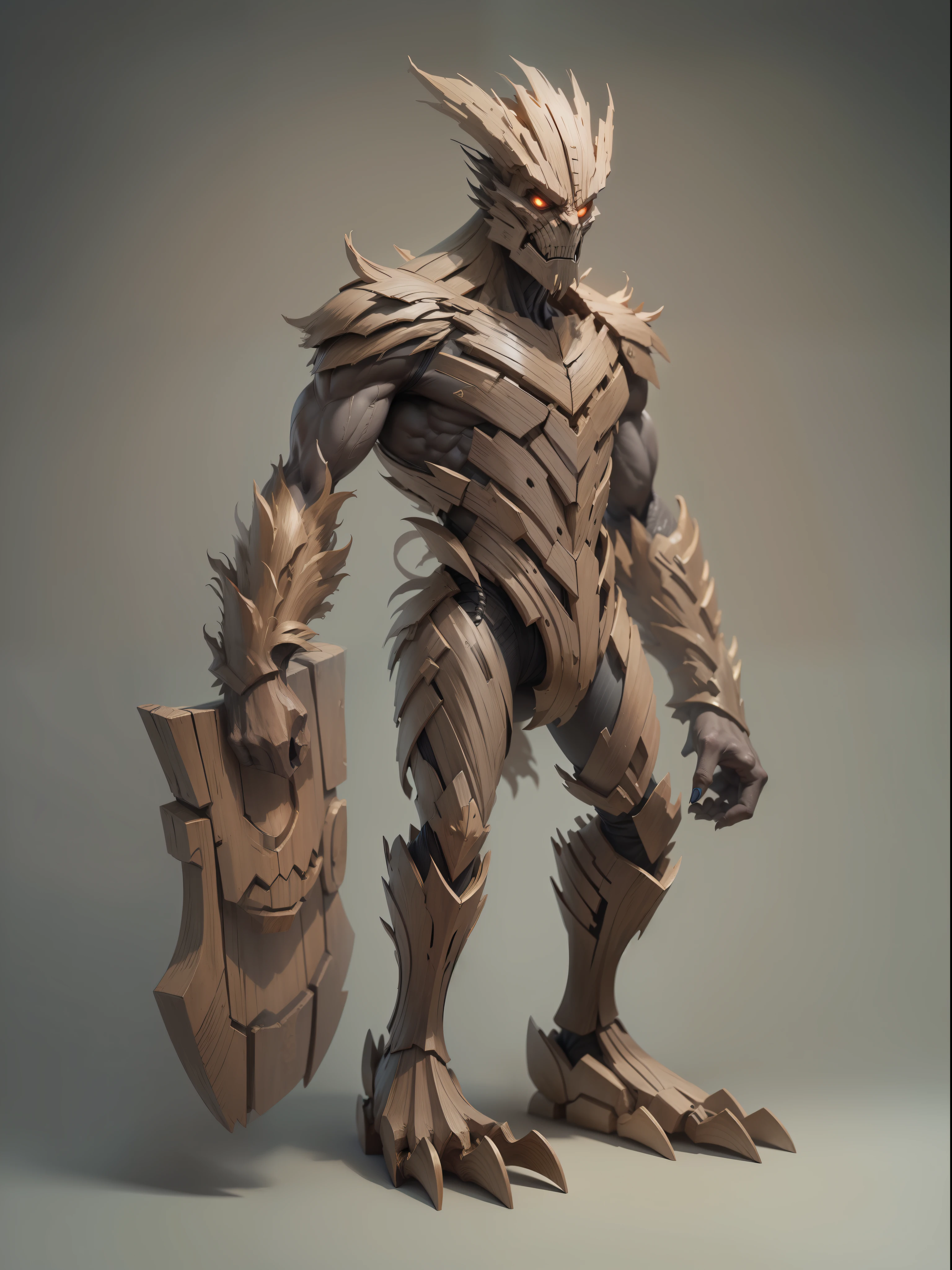 Wooden Monster, powerfull, similar to Groot, Mix of a man and a wooden monster, Wooden armor, Character design, hiquality, crisp detailing, ((((Full-length)))), (((MATTE GRAY BACKGROUND)))