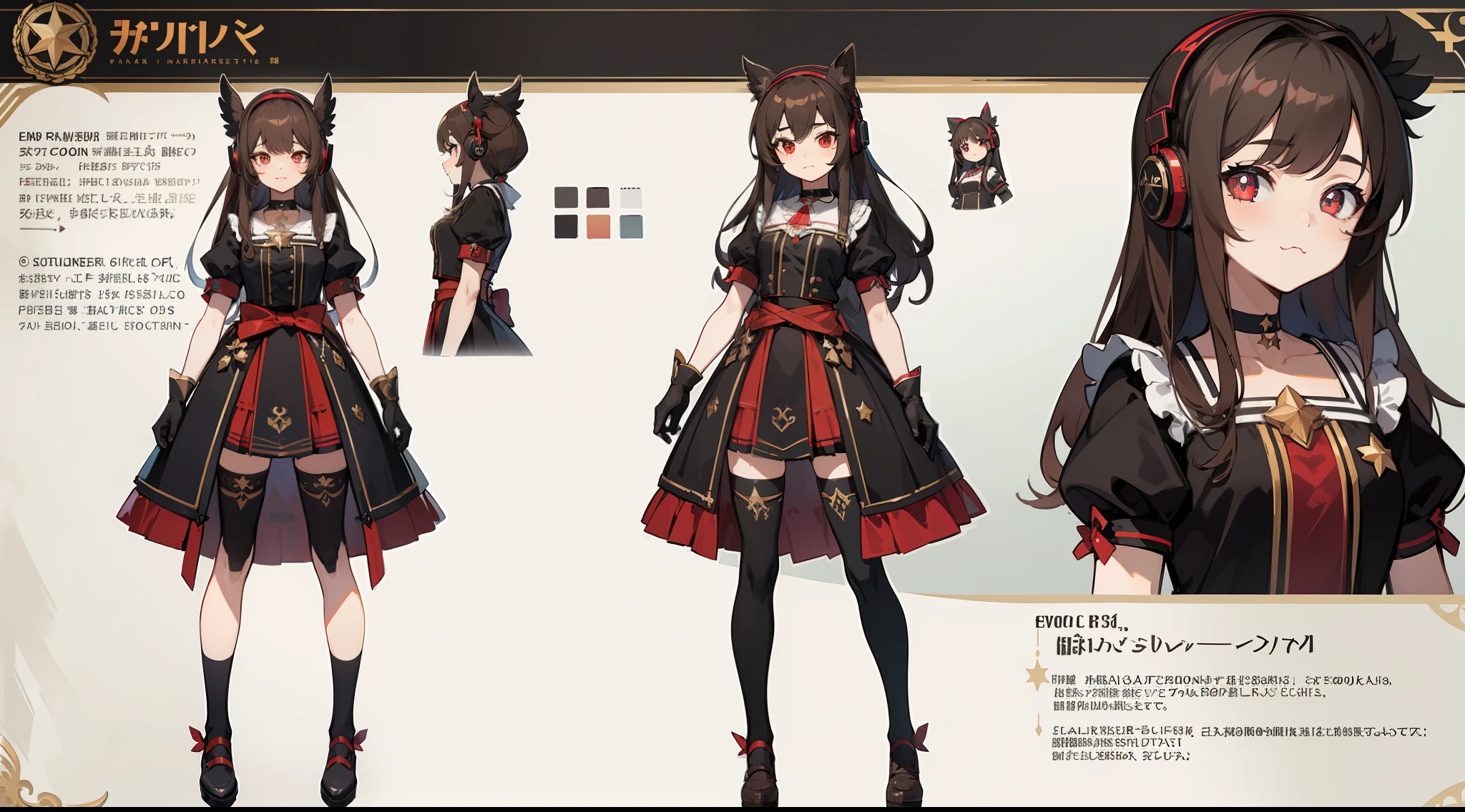 ((Masterpiece, highest quality)), detailed face, character sheet, Full body, full of details, multiple poses and expressions, highly detailed, depth, many parts, 1girl, girl in a skirt and headphones, :3, idol, magical girl, long hair, bangs, brown hair, black crop top, red skirt, gloves, stockings, black choker, red eyes, star (symbol), symbol-shaped pupils,