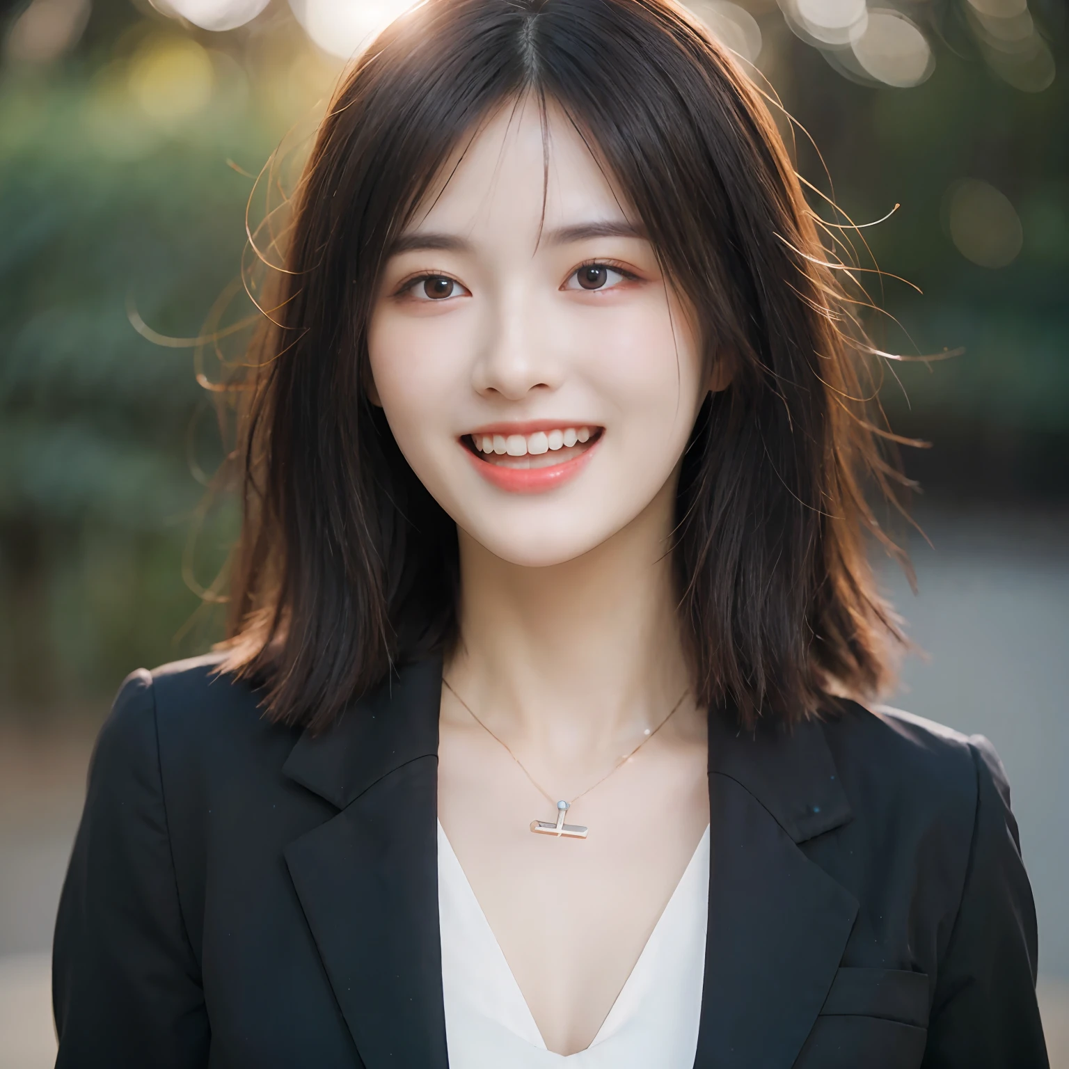 Dressed, (photographrealistic:1.4), (Hyper realistic:1.4), (Realistic:1.3), (Smoother lighting:1.05), (increase cinematic lighting quality:0.9), 32K, 1girl in,25-years old, Realistic lighting, Backlighting, Light on Face, raytrace, (Brightening light:1.2), (Increase quality:1.4), (Top quality real texture skins:1.4), finely detailed eyes, finerly detailed face, (tired and sleepy and joy:0), (Laugh:1.4), Black Suit,a necklace, (Increase body line mood:1.1), (Increase the beauty of skin texture:1.1)