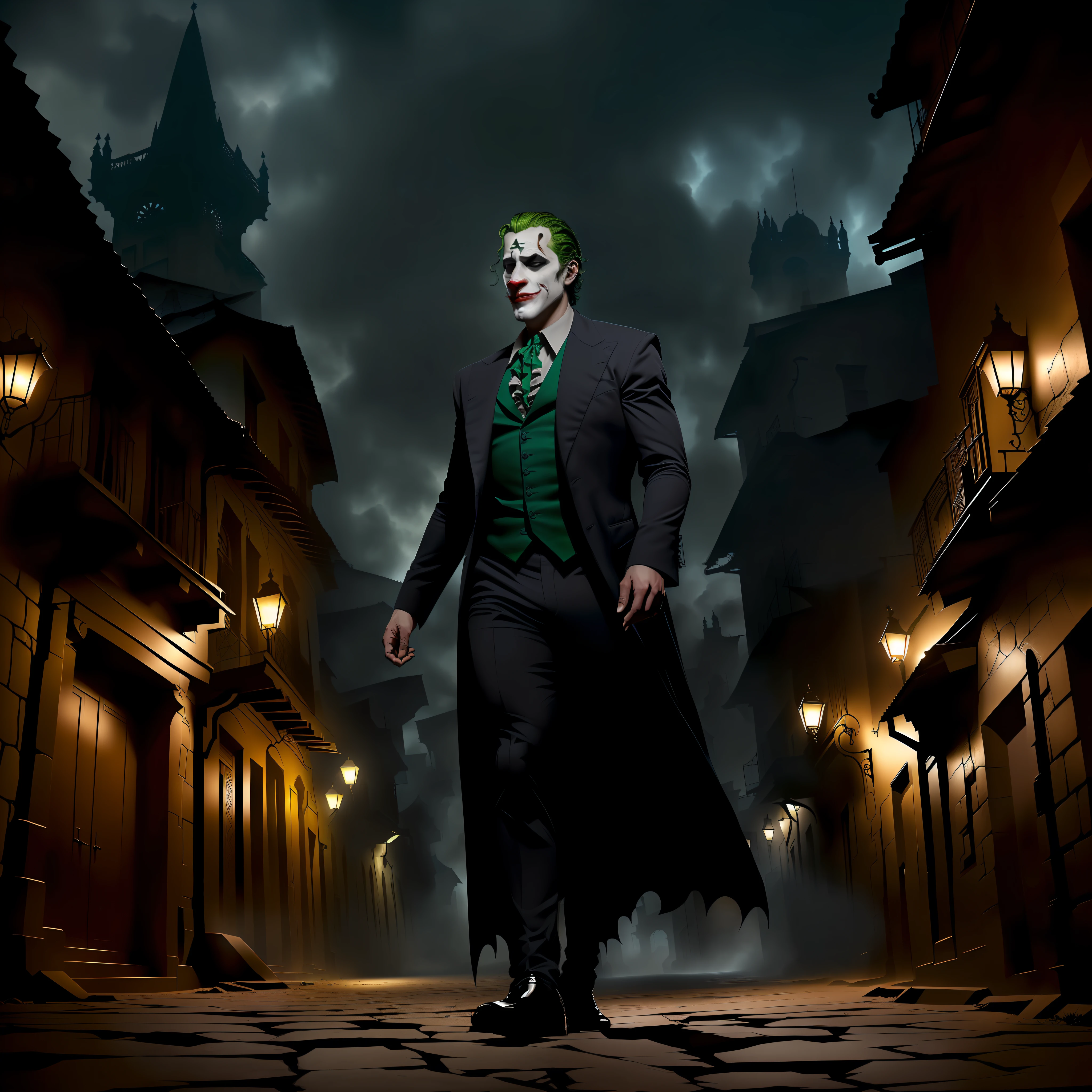 low angle view, Low angle shot, Ultra detail photo of the notorious villain, Coringa no cavaleiro das trevas, andando na rua da vila medieval envelhecida, Coringa na rua, altamente detalhado, hiper realista, render octano, motor irreal, 8kA Joker resolution\(Coringa 2019\) ,epic, realista, desbotado, cores neutras, (((((hdr)))), ((((cores silenciadas)))), cena intrincada, artstation, hiperdetalhado, Film filming, luzes quentes, dramatic light, detalhes intrincados, vinheta, fundo complexo, [[teal e laranja]], slate grey atmosphere