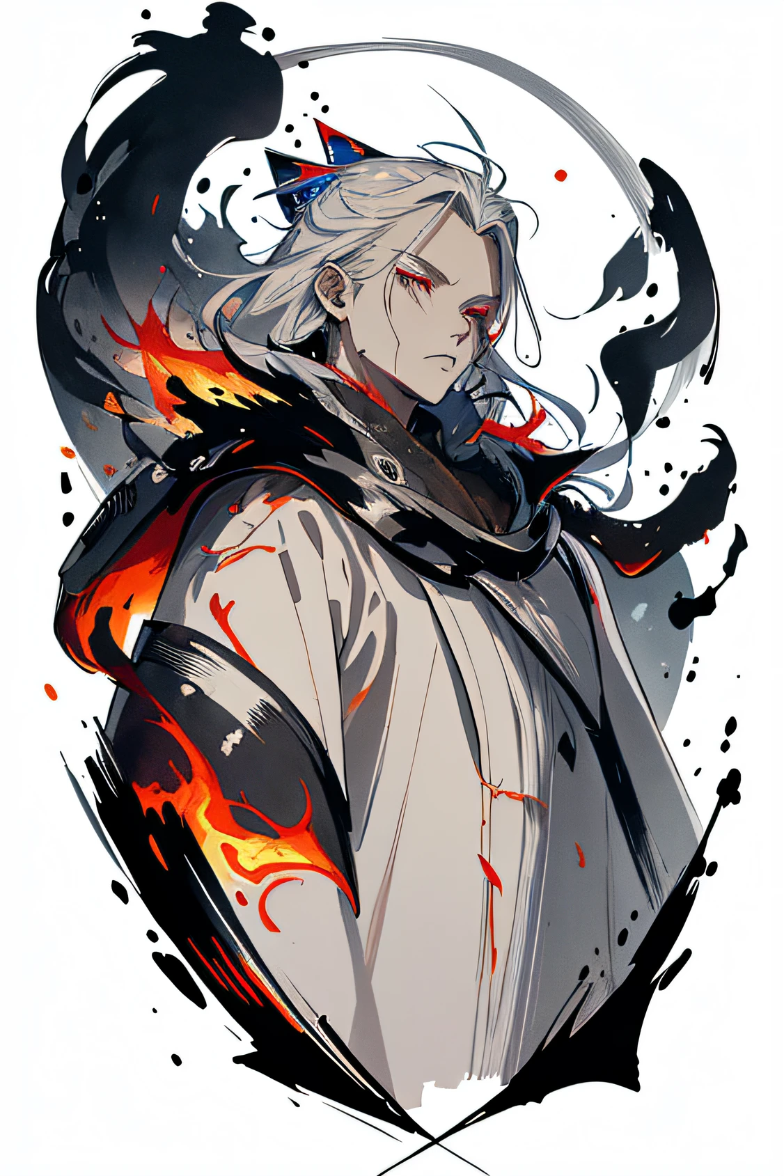 Zydink, Ink sketch, (Best Quality, Masterpiece:1.3),1 male, Long silver hair, bright pupils, hair is long, mouthful, hair slicked back, Floating hair, white mantle with red and blue accents, expressionless,
(Abstract splash of ink:1.2) , He holds 2 swords in his hands, One with a blue flame, the other with a red flame, He looked up at the sky, Flames surrounded his body, it burns in flames from the bottom up, Against the background is a medieval castle, but against the background of a black moon with a yellow edging