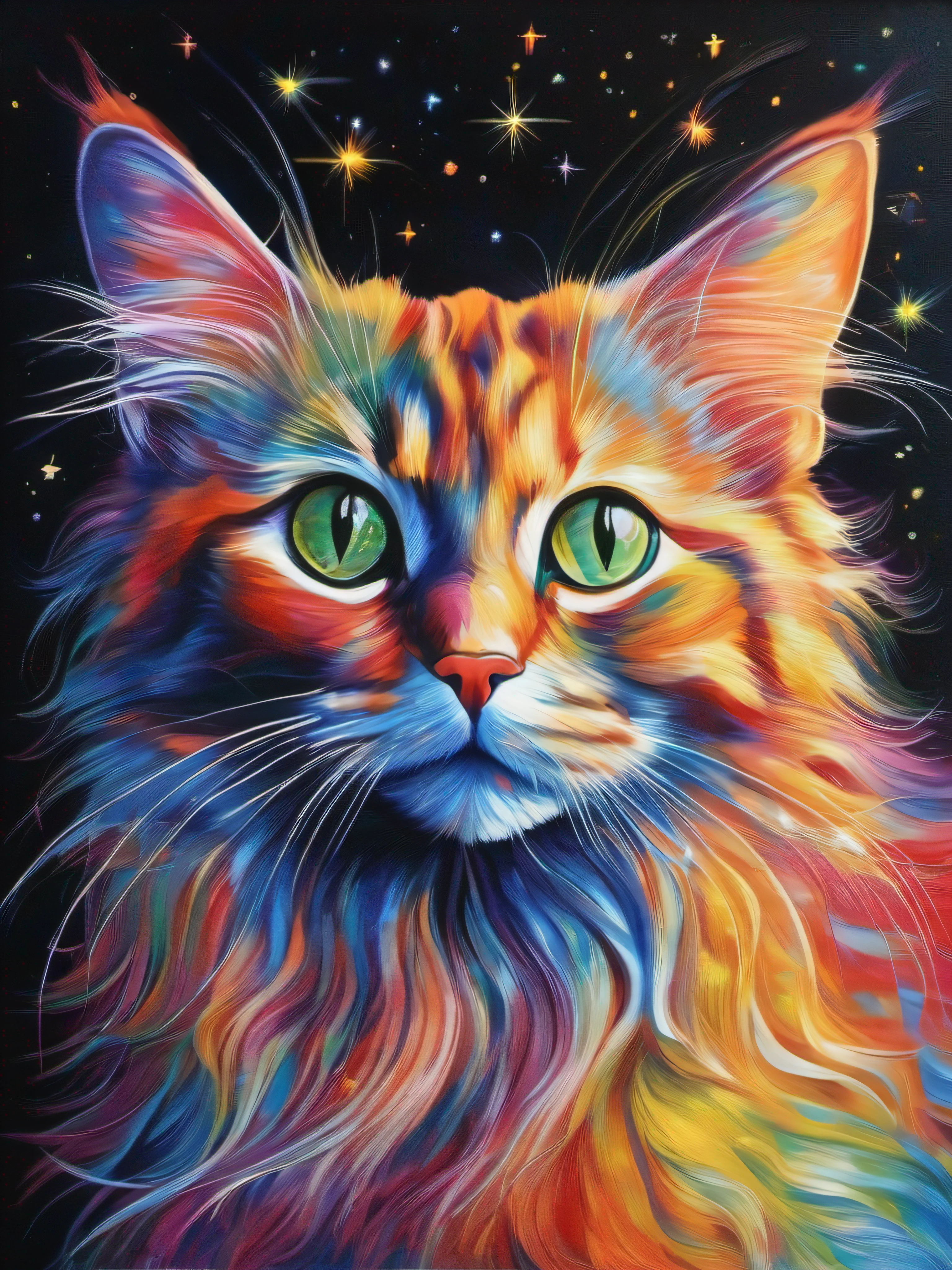 a painting of a colored cat on a black background,, breathtaking rendering, within a radiant connection, inspired by Kinuko Y. Craft,, magical elements, kitten icon, wow, is beautiful, casting a multi colorful spell, bright flash, flash, without signature