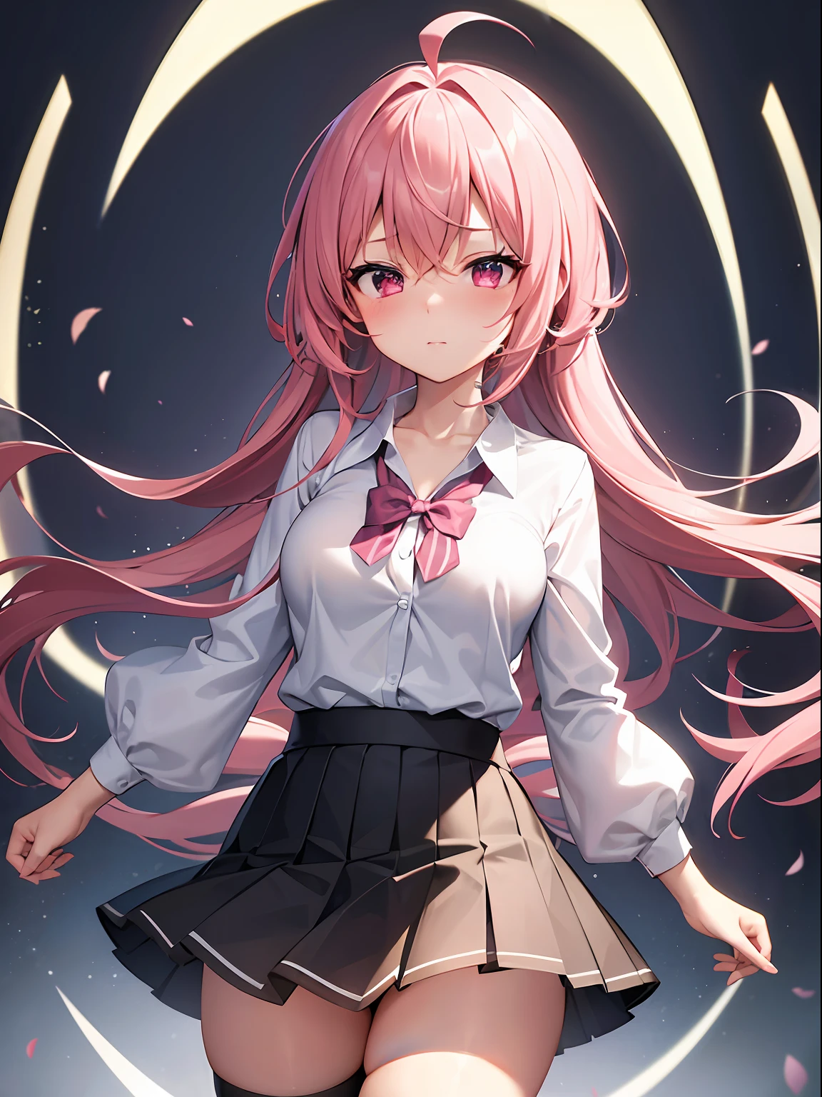 sharp focus, best quality, depth of field, cinematic lighting, detailed outfit, 4k, perfect eyes, rich in details and textures, cute, cute face, pink hair, medium hair, (floating hair), (small breasts), (lolihy, full-faced blush, embarrassed, dark red eyes, thighs, detailed breasts, hair between eyes, ahoge, sidelocks, white stocking, school uniform, school miniskirt, black skirt, school, unbuttoned clothes, cleavage, collarbone