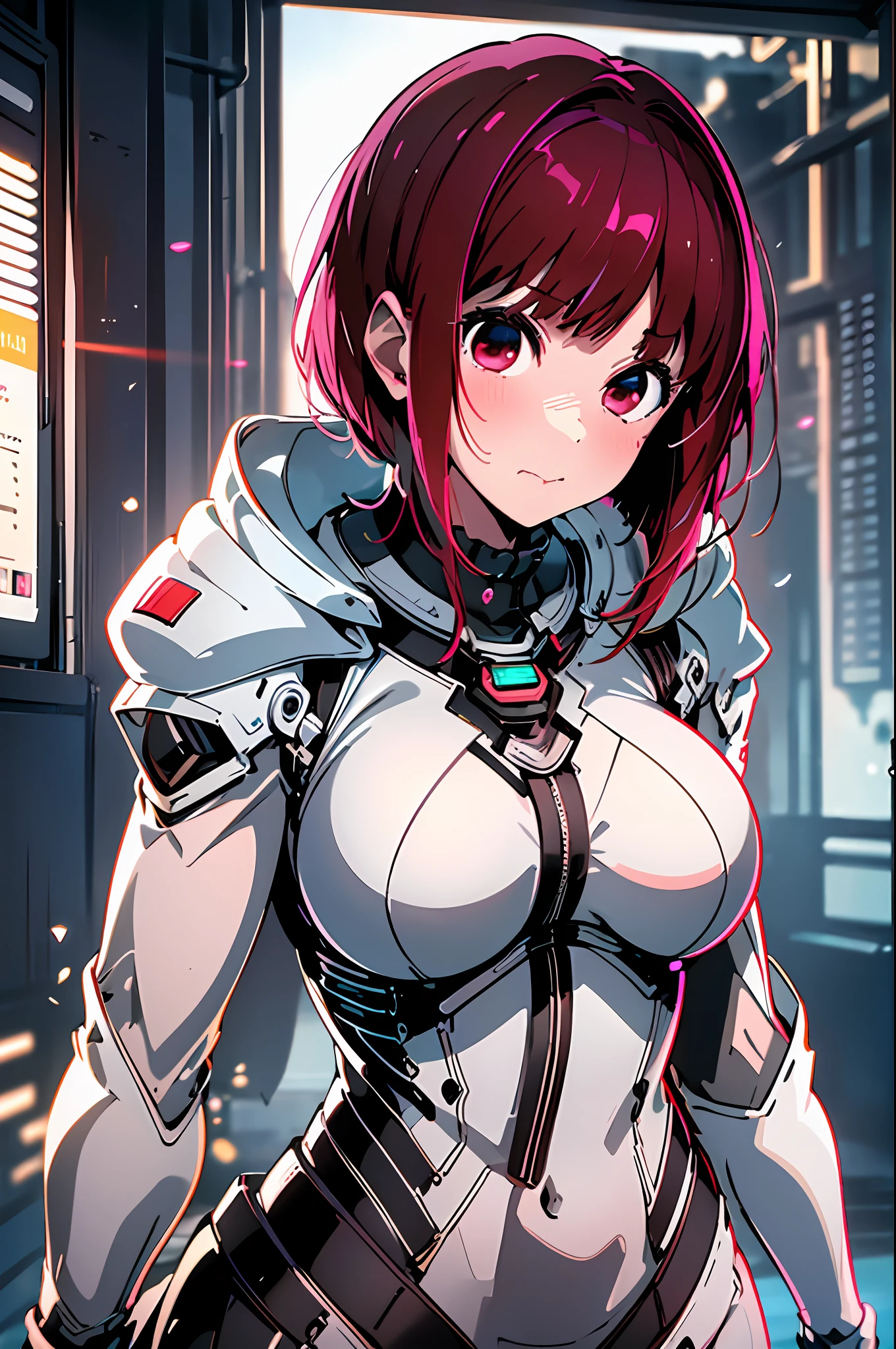 ((Best Quality)), (Masterpiece)), (Details:1.4), Beautiful Cyberpunk Woman Image,HDR,High Dynamic Range),Ray Tracing,NVIDIA RTX,Super Resolution,Unreal 5,Subsurface Scattering,PBR Texturing,Post-Processing,Anisotropic Filtering,Depth of Field,Maximum Clarity and Sharpness,Multilayer Textures, Albedo and specular maps,Surface shading,Accurate simulation of light-material interaction,Perfect proportions,Octane rendering,Two-tone lighting,Wide aperture,Low ISO、White balance,Rule of thirds,8K RAW,Full body,Red shorthair,Shiny skin,Cute petite girl,Cute,(Detailed description: 1.2), exquisite face), cute
