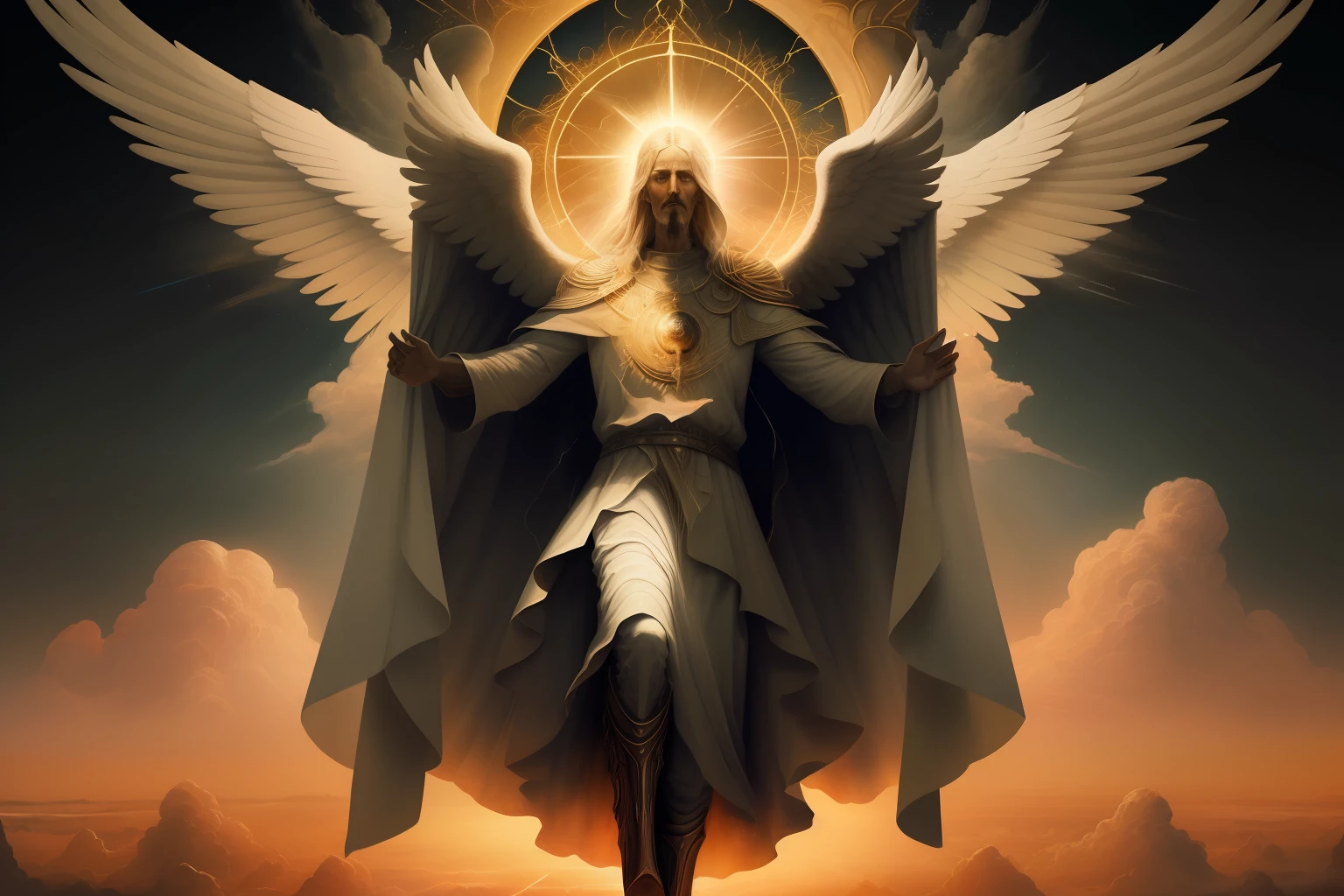 A visualization of Enoch being taken to heaven and witnessing apocalyptic events. Narration: "The Book of Enoch compiles visions attributed to the patriarch Enoch, where he is taken to heaven and witnesses mysterious and apocalyptic events."