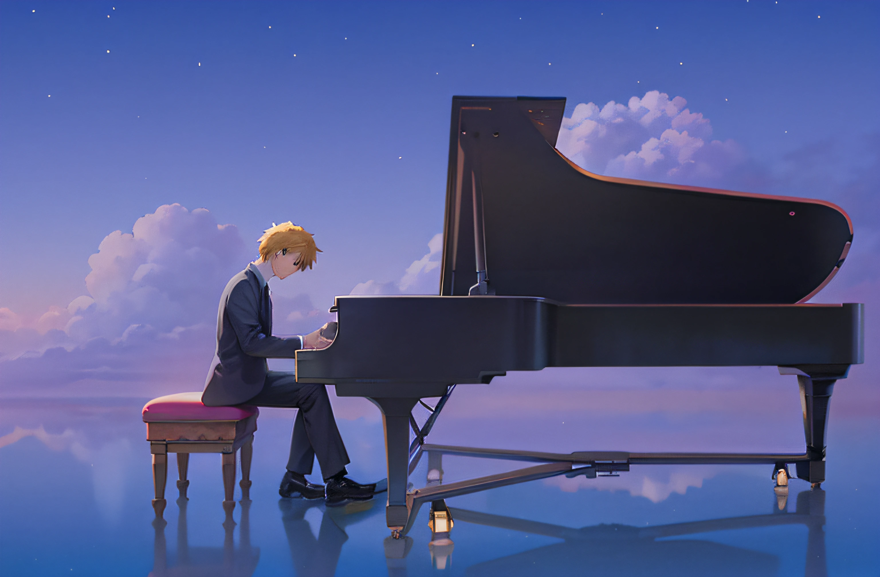 Anime people sit at a piano in the middle of the lake, Pianist, official fanart, Fanart ", Ichigo Kurosaki，zerochan art, ( ( Makoto Shinkai ) ), in the style of makoto shinkai, Play the piano, Praise Artstyle, piano, High-quality fanart, Makoto Shinkai's style, author：New Art, in style of atey ghailan