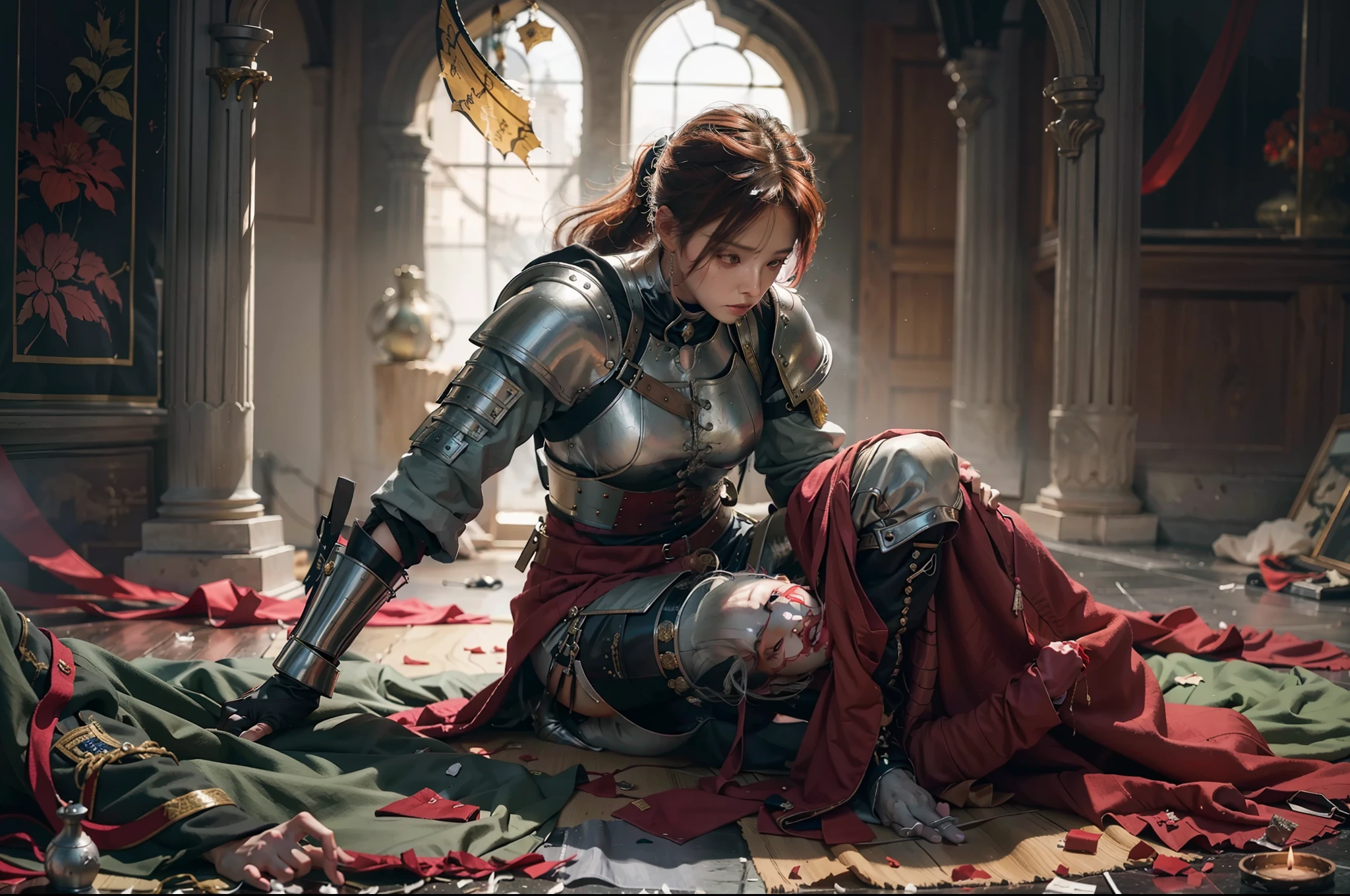 "scene of a wounded female warrior rising from dying in battle,sitting pose kneeling and bowing headbloody,dying,surviving,medieval background scene,perfect pose,perfect anatomy,dramatic atmosphere,atmosphereic light,semi realistic digital painting"