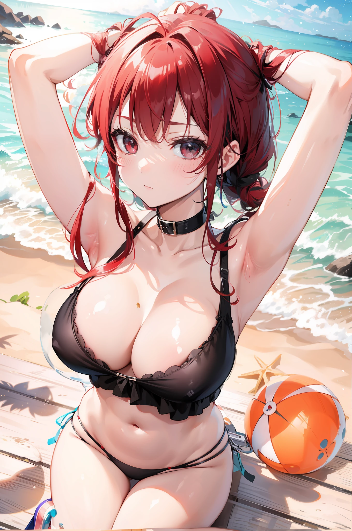 black eyes, crimson hair, 4k, masterpiece, high definition, black bikini