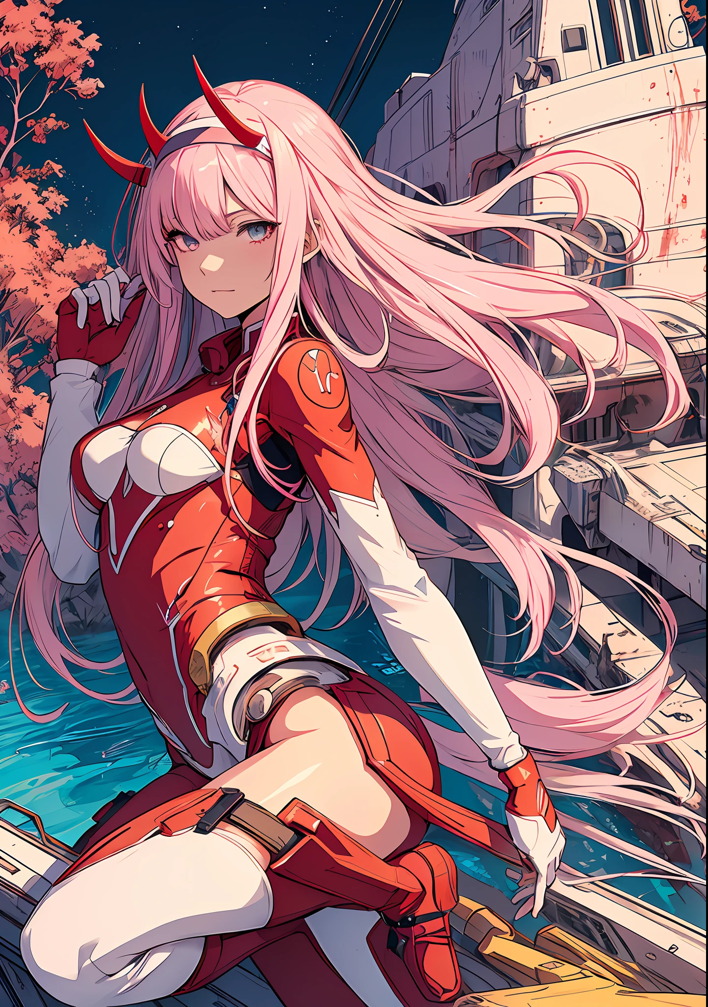 Masterpiece, top quality, best quality, official art, beautiful and aesthetic, anime, 1girl, Zero Two, extremely detailed, colorful, more detailed ((ultra-detailed)), (highly detailed CG illustration), solo, pink hair, pair of horns, verd s eyes, long hair, (focus on character), pilot outfit, red bodysuit with white details, science fiction, blood