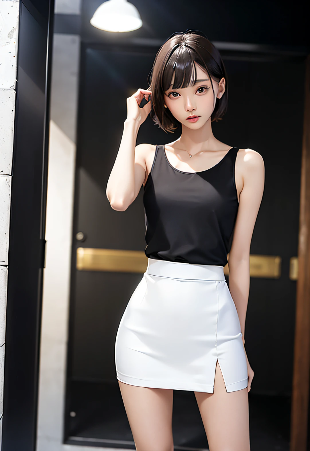 Woman with white skirt and black top, suitcase and mobile phone, a miniskirt, Miniskirt, long thin legs, Short miniskirt, wearing white skirt, short legs, White miniskirt, Slim legs, legs showing, small legs, Bare legs, juicy legs, nice legs, wearing skirt, Very beautiful slim legs, sleek legs, Mini skirt