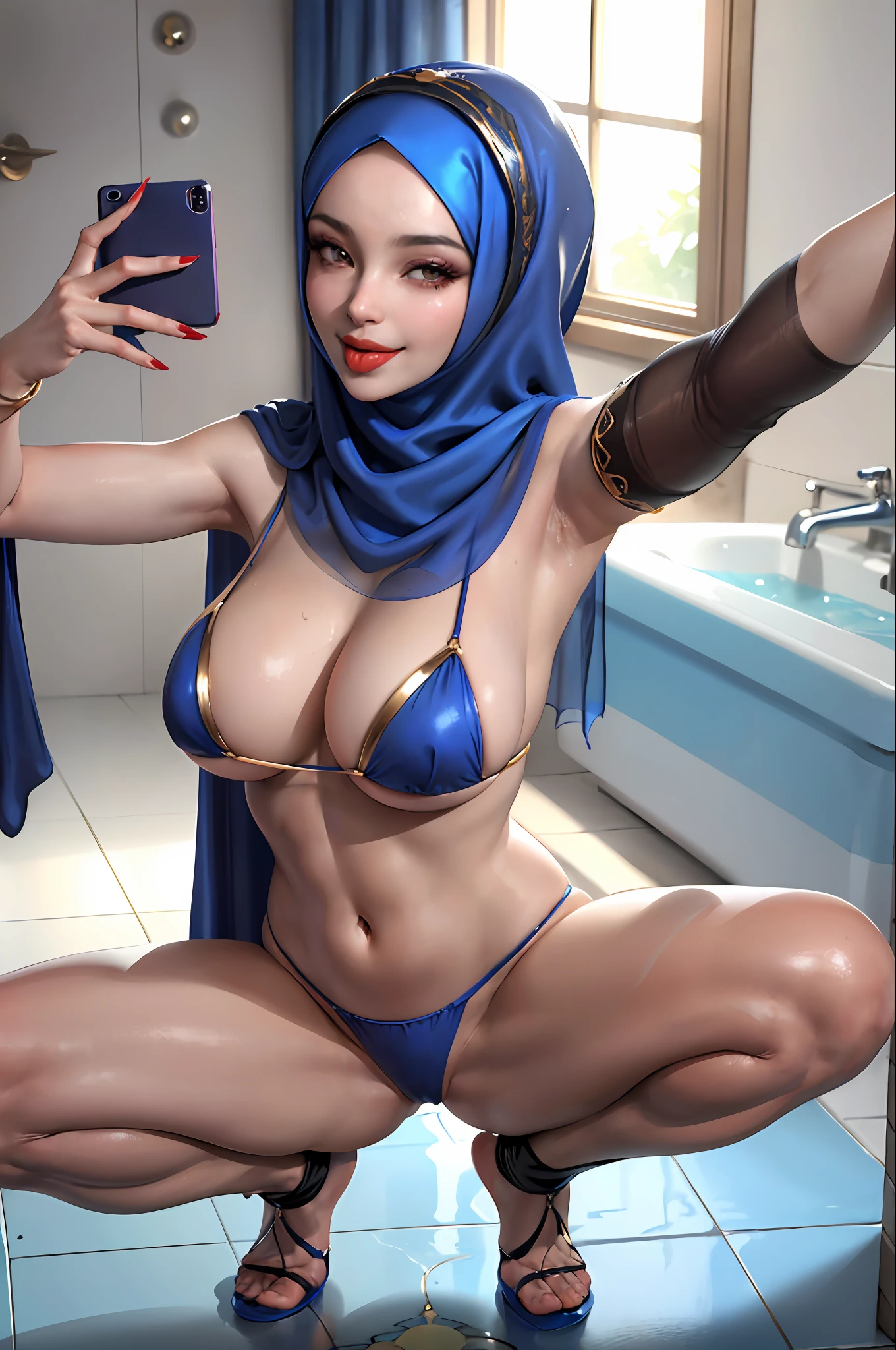 "(Arabic Muslim woman:1.2, wearing silky Hijab:1.1, huge breast, red lips, see though silk, vibrant blue gstring, radiant bikini, polished nails:0.91, black stockings, taking a selfie while she squatting on a large bathroom, taking her tongue out of her mouth and winking, smiling.