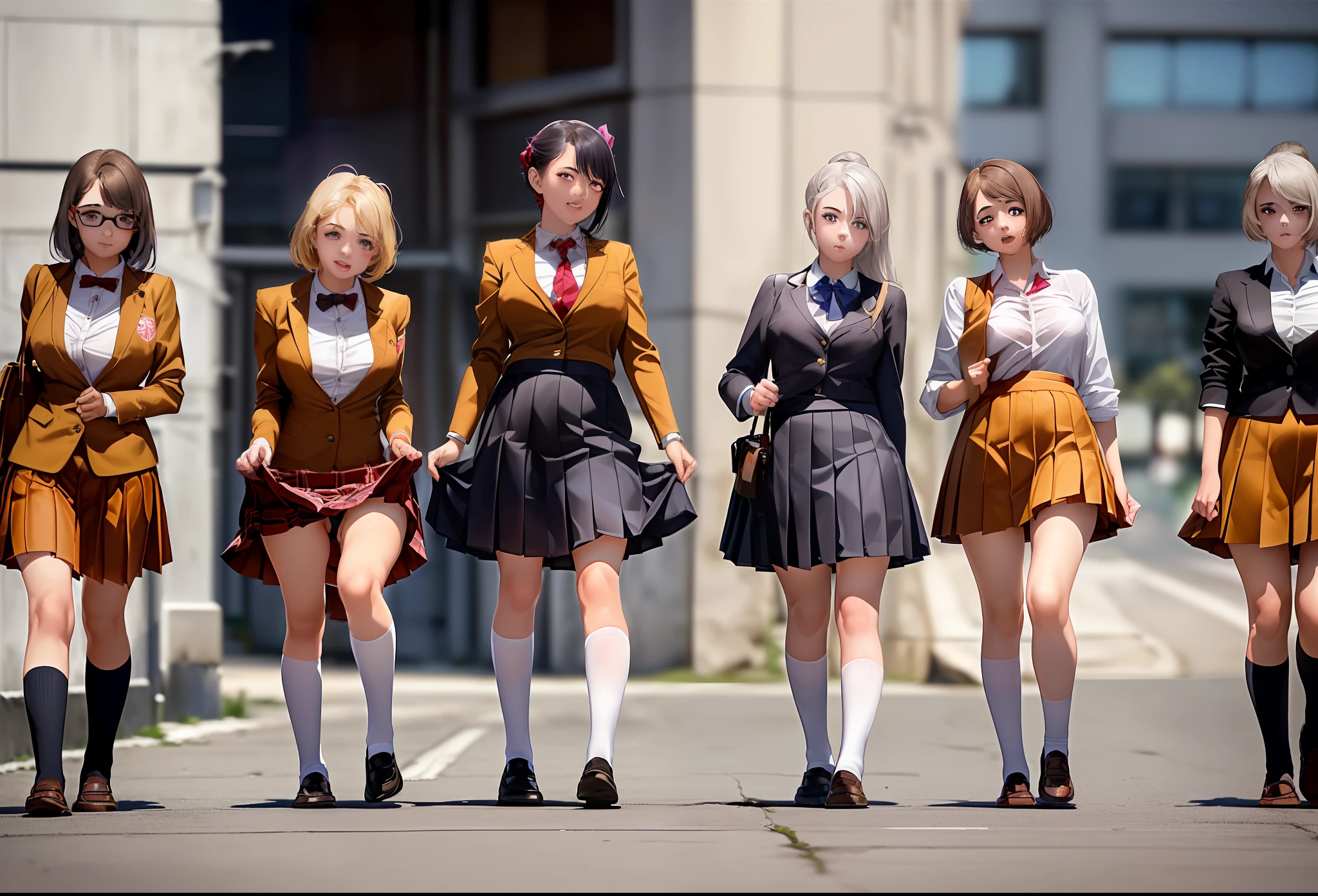 ((((Several girls in school uniforms lift their skirts in the street.)))) Melhor qualidade,(((Japanese schoolgirl))) 4k, fotografia, obra-prima, melhor qualidade, ((meninas se exibindo na rua)).((grupo de meninas: 1.4)) menina magra, seios empinados, Poses variadas. ((seios pequenos :1.4)),(menina pequena, coxas finas),(Seios muito macios, camel toe marcado), Rosto ultra-detalhado, bochechas vermelhas, olhos brilhantes e detalhados. ((The girls are without panties and lifting their skirts))