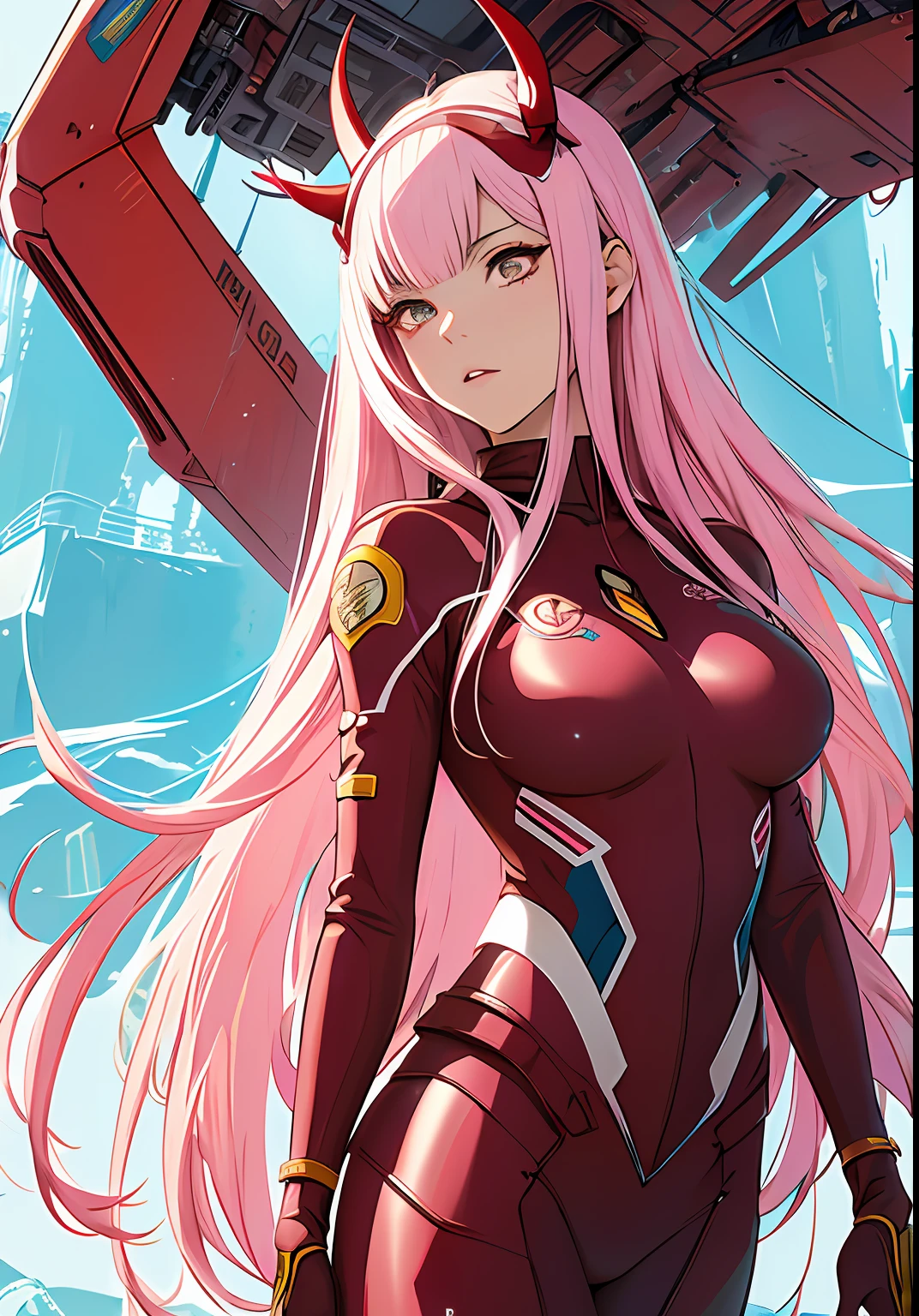 Masterpiece, top quality, best quality, official art, beautiful and aesthetic, anime, 1girl, Zero Two, extremely detailed, colorful, more detailed ((ultra-detailed)), (highly detailed CG illustration), solo, pink hair, pair of horns, verd s eyes, long hair, (focus on character), pilot outfit, red bodysuit with white details, science fiction, blood