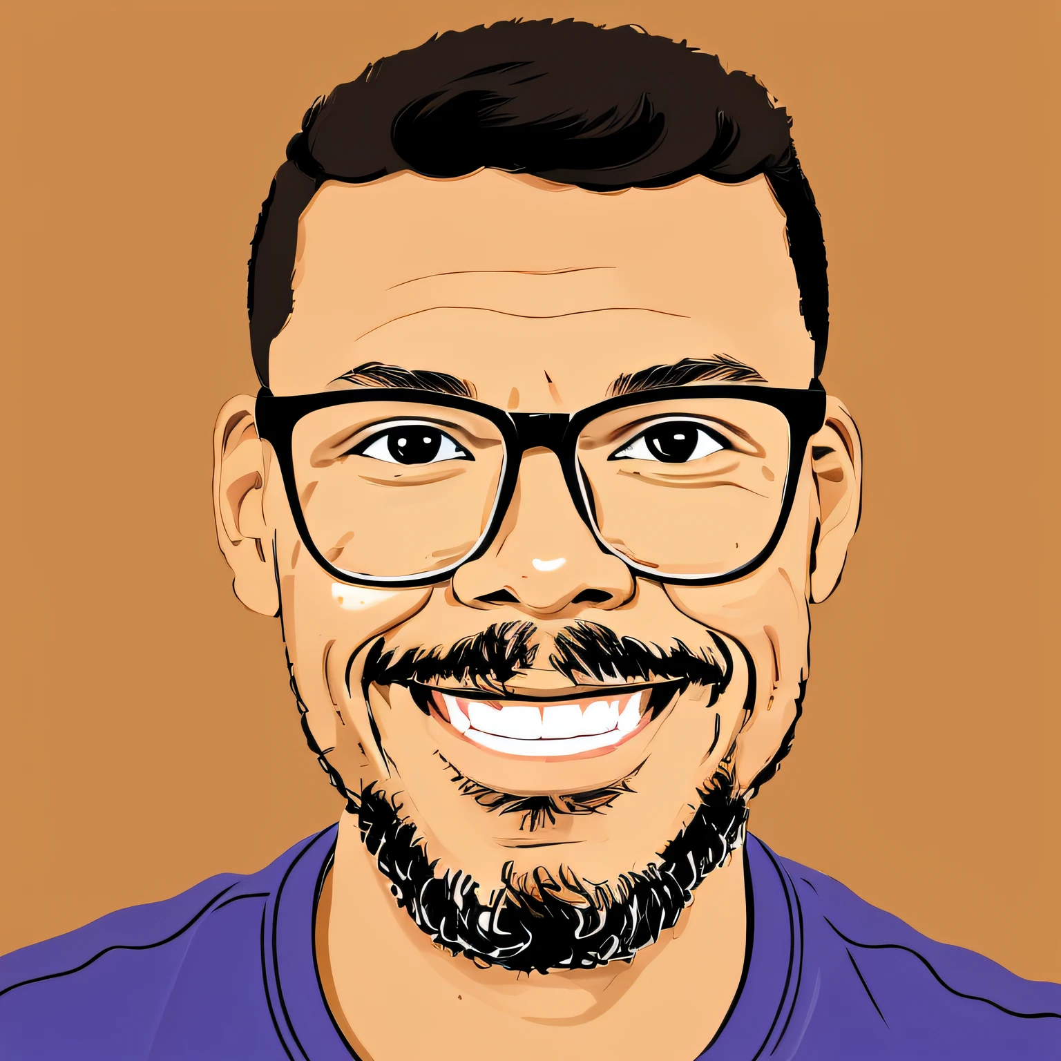 guttonerdjul23, 2d illustration of light brown skinned man wearing glasses, sorriso de paquera, short hair, olhos castanhos, estilo dos desenhos animados, estilo adesivo, fundo retroiluminado