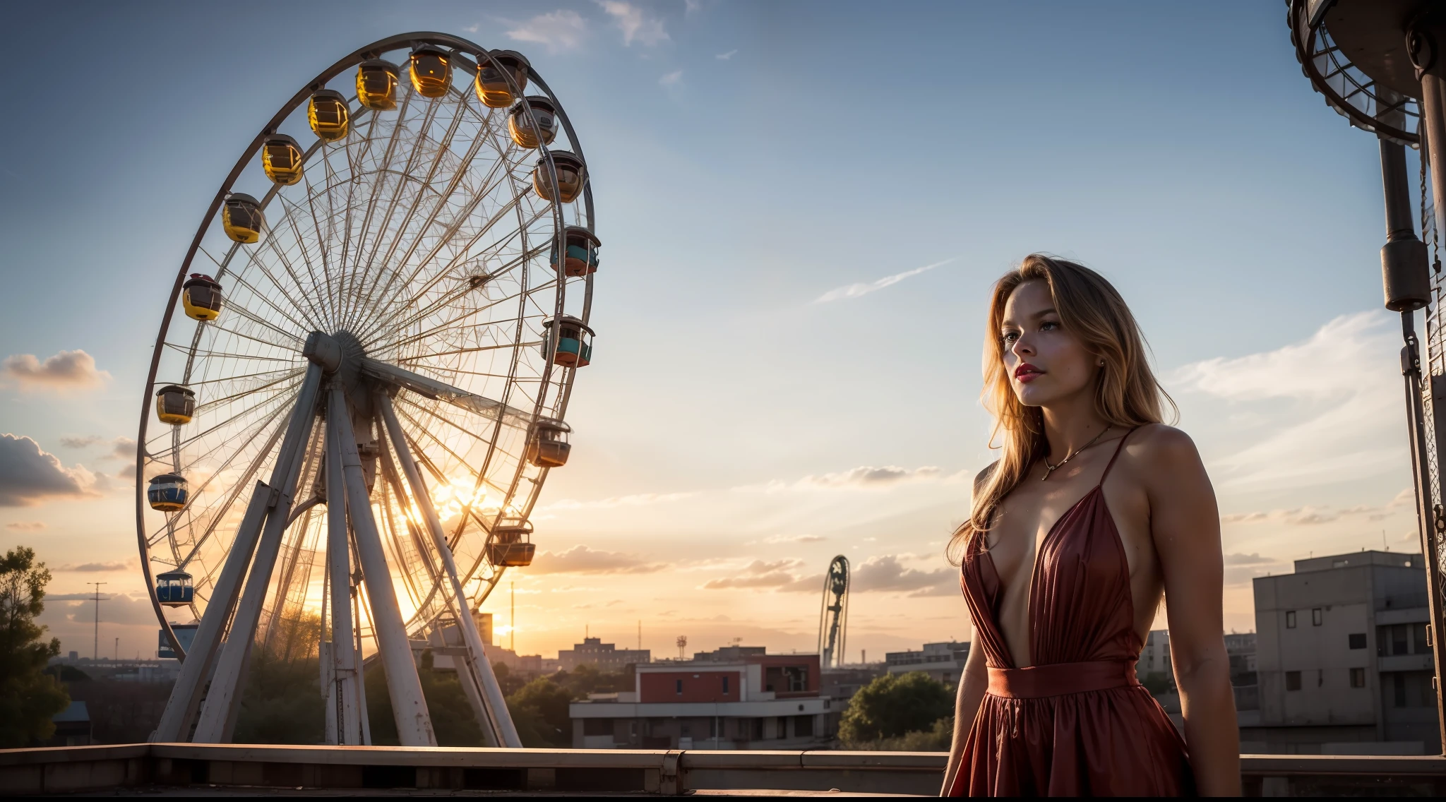 (8k, RAW photo, highest quality, masterpiece: 1.2), (realistic, photorealistic: 1.37), ((1 girl Margot Robby, sad eyes)), ((full body)), ((naked)), ((cinematic)) ((melancholy)) ((sunset sun rays)), ((as background an abandoned amusement park)) reclaimed by nature, with rusted roller coasters and a carousel frozen in time, ((huge Ferris wheel)), (in the distance a large blurry city) 8k, sharp, masterpiece, professional lighting, photon mapping, with a lot of lashes, lame on the eyelids, bright red lips,,