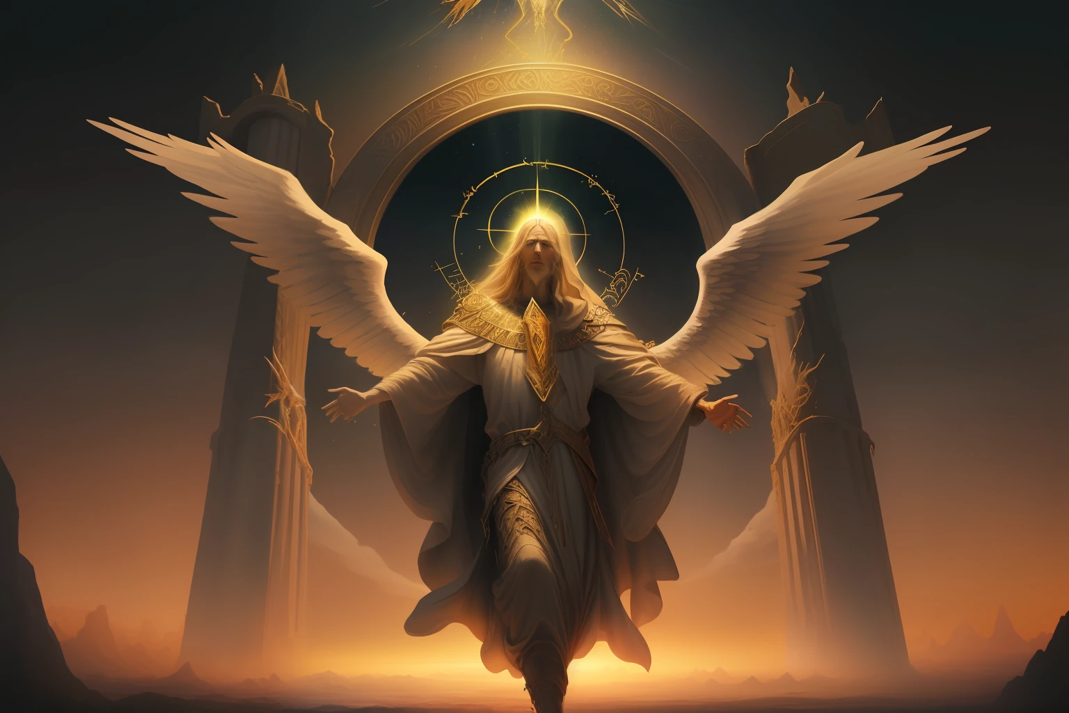 A visualization of Enoch being taken to heaven and witnessing apocalyptic events. Narration: "The Book of Enoch compiles visions attributed to the patriarch Enoch, where he is taken to heaven and witnesses mysterious and apocalyptic events."