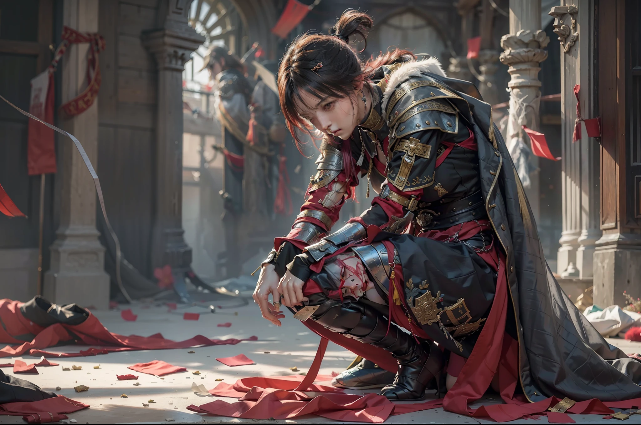 "scene of a wounded female warrior rising from dying in battle,sitting pose kneeling and bowing headbloody,dying,surviving,medieval background scene,perfect pose,perfect anatomy,dramatic atmosphere,atmosphereic light,semi realistic digital painting"