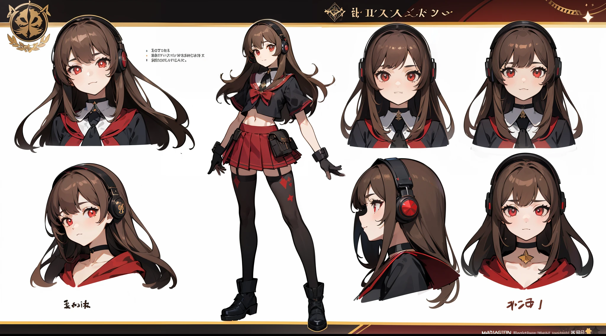 ((Masterpiece, highest quality)), detailed face, character sheet, Full body, full of details, multiple poses and expressions, highly detailed, depth, many parts, 1girl, girl in a skirt and headphones, :3, magical girl, long hair, bangs, brown hair, black crop top, red skirt, gloves, stockings, black choker, red eyes, star (symbol), symbol-shaped pupils