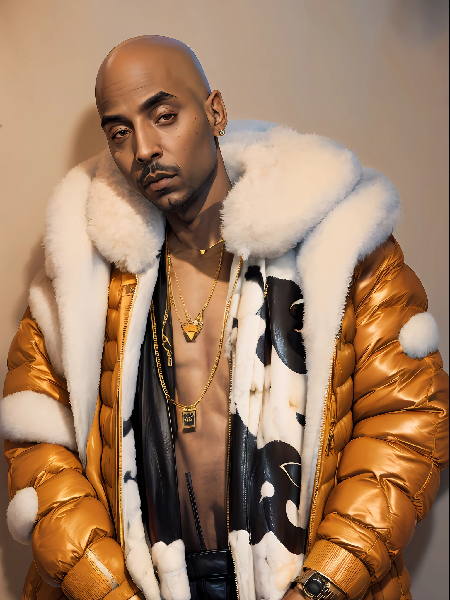 1rapper with Bald hair, Unique mink Fur Jacket (Virgal Abloh) (H R Gigger), fog, detailed and realistic image, amazing composition with vintage scenery with abstract shapes, abstract minimalist background with tentacles, melt, drip, yoshitomo nara:1.5, wes anderson:1.3, new casualism, retro, minimalism,BiopunkAI