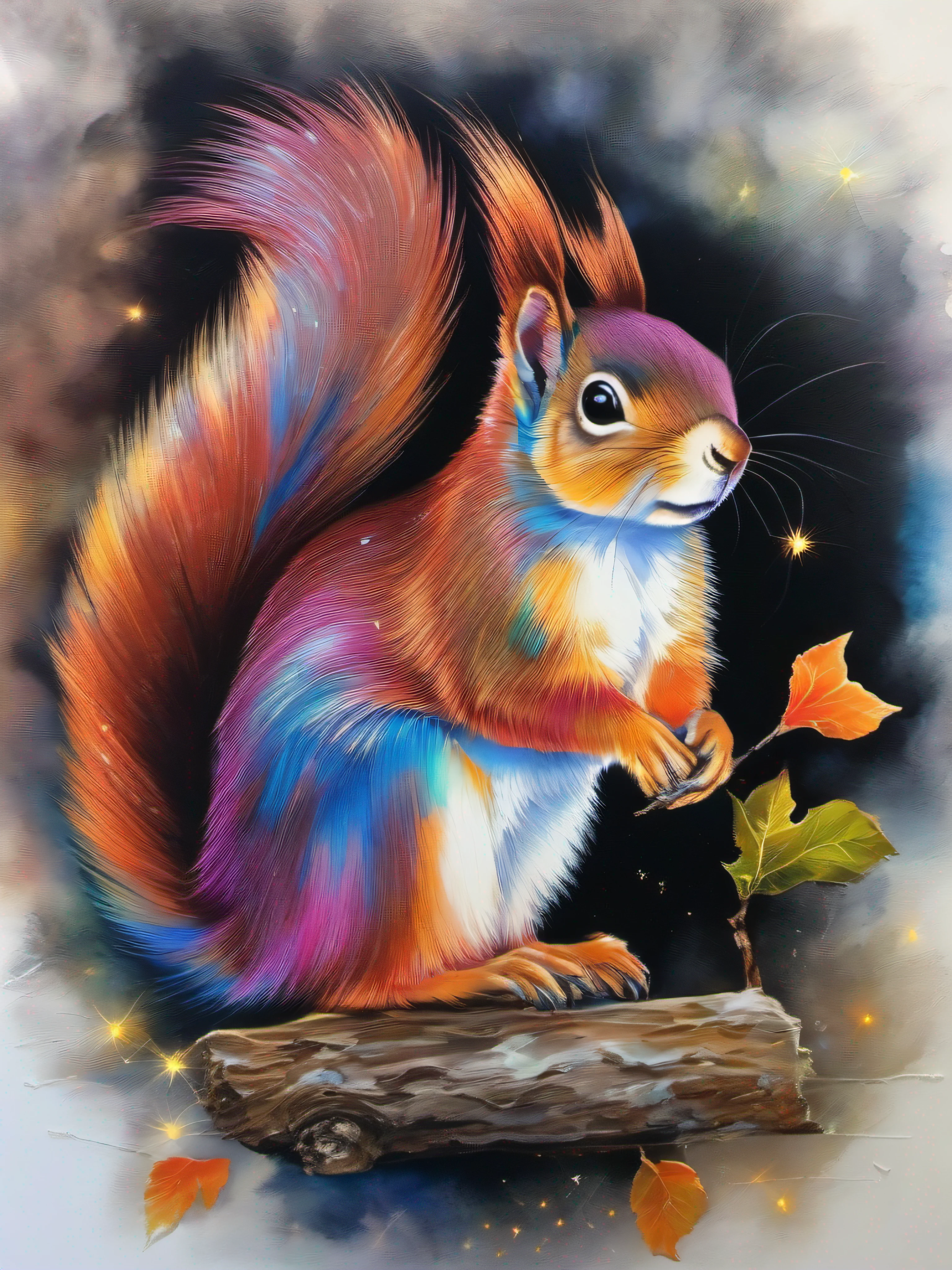 a painting of a colored squirrel on a black background,, breathtaking rendering, within a radiant connection, inspired by Kinuko Y. Craft,, magical elements, kitten icon, wow, is beautiful, casting a multi colorful spell, bright flash, flash, without signature