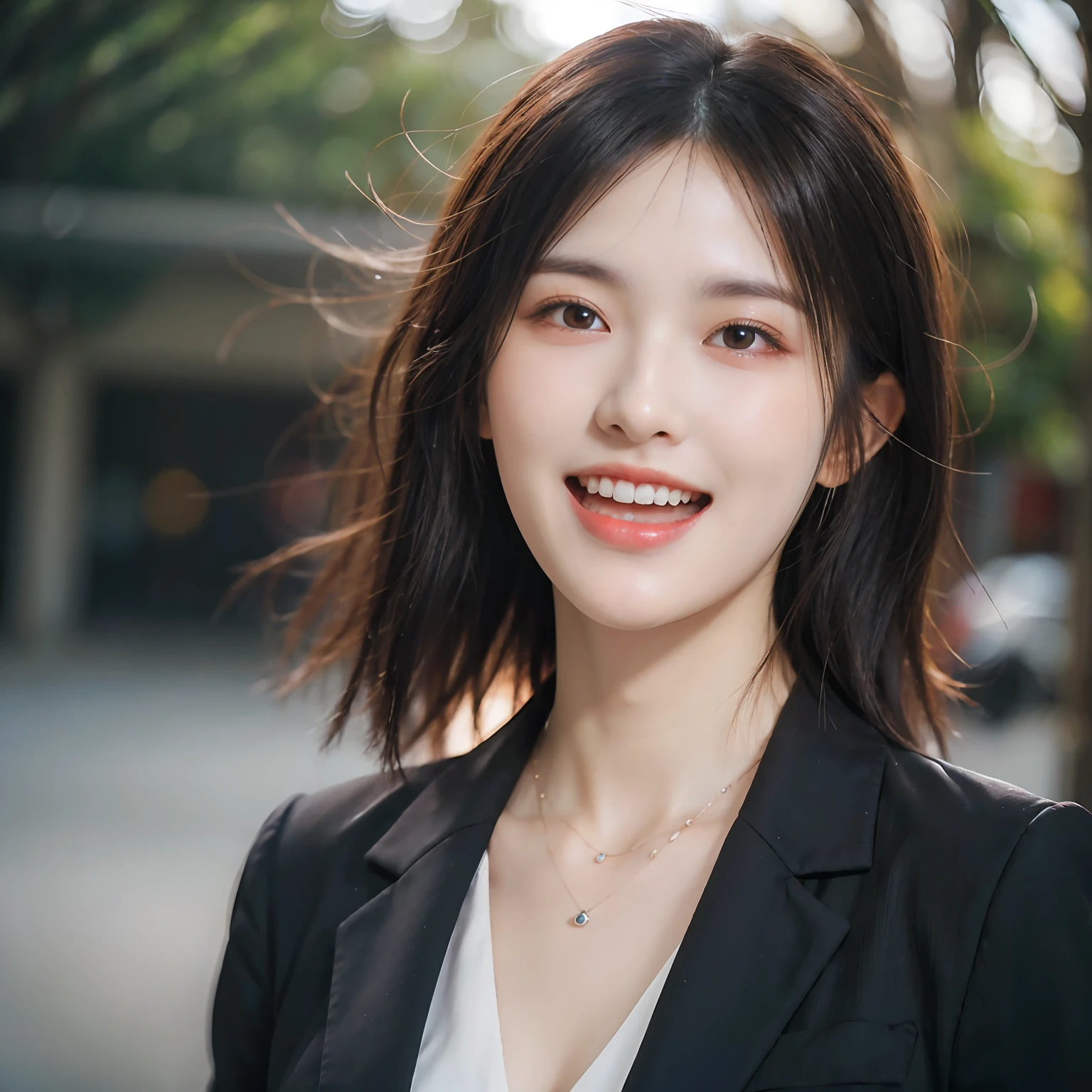 Dressed, (photographrealistic:1.4), (Hyper realistic:1.4), (Realistic:1.3), (Smoother lighting:1.05), (increase cinematic lighting quality:0.9), 32K, 1girl in,25-years old, Realistic lighting, Backlighting, Light on Face, raytrace, (Brightening light:1.2), (Increase quality:1.4), (Top quality real texture skins:1.4), finely detailed eyes, finerly detailed face, (tired and sleepy and joy:0), (Laugh:1.4), Black Suit,a necklace, (Increase body line mood:1.1), (Increase the beauty of skin texture:1.1)