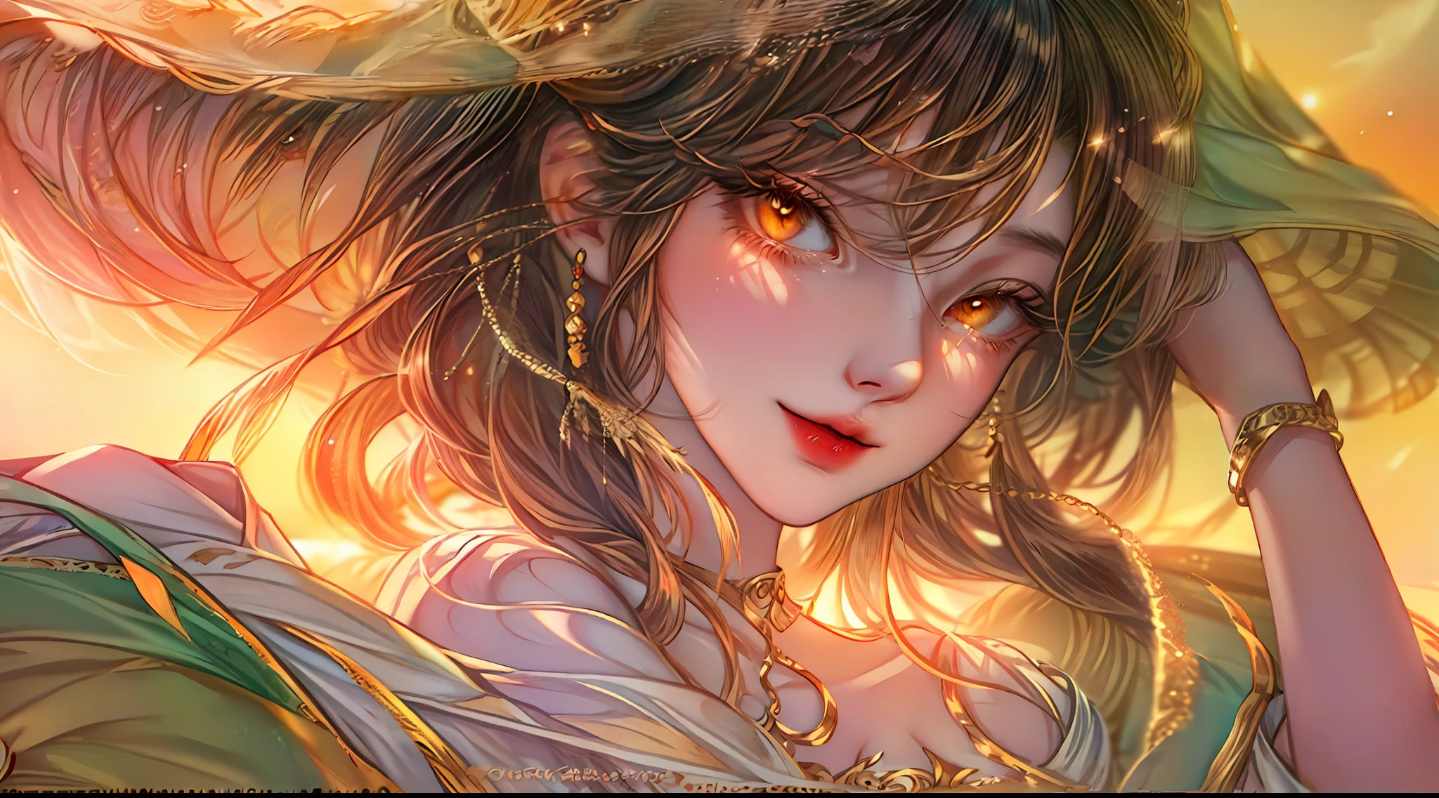 The "golden hour" is a term used in photography and cinematography to describe the time of day just after sunrise or just before sunset when the natural light is soft and warm, and the colors in the sky and on the landscape are particularly vivid and beautiful.In anime, the golden hour is often depicted through stunningly detailed and vibrant backgrounds, with the warm hues of the sun bathing the scenery in a rich, golden light. Characters might be shown basking in the glow of the sunset, their silhouettes sharply defined against the brilliant sky. The mood during the golden hour in anime is often peaceful, introspective, or romantic, as characters reflect on the beauty of the world around them.The golden hour is frequently used in anime to create a sense of wonder and awe, capturing the beauty of the natural world and inviting viewers to appreciate the fleeting moments of magic that can be found in everyday life. close POV, young anime girl wearing a beautiful dress, beautiful orange eyes sparkling, golden hour sunset, golden hour, golden hour scenery, smiling at the camera, elegant pose, looking at the viewer, fantasy art style, character portrait, drawn in medibang paint, 4k wallpaper, aesthetic, masterpiece, award-winning photography, macro photography vivid colors, photorealistic, atmospheric, cinematic, moody, rule of thirds, majestic, detailed, perfect anatomy cowboy shot, contrapposto, looking at viewer, highres, superb, 8k wallpaper, extremely detailed, intricate, unreal engine 5, volumetric lighting, realistic, realistic lighting, cinematic, 4k, cinematic lighting, 8k, depth of field, 3d, masterpiece, perfect, award-winning, hyper-detailed, photorealistic, ultra realistic, realistic light, hard lighting, intricate details, stop motion, hyperfocus, tonemapping, sharp focus, hyper detailed, detailed eyes, eyes focus, (illustration:1.1), highres, (extremely detailed CG unity 8k wallpaper:1.1), (mid shot1.25), (portrait:1.25), (solo:1.2), 1girl, (beautiful fac