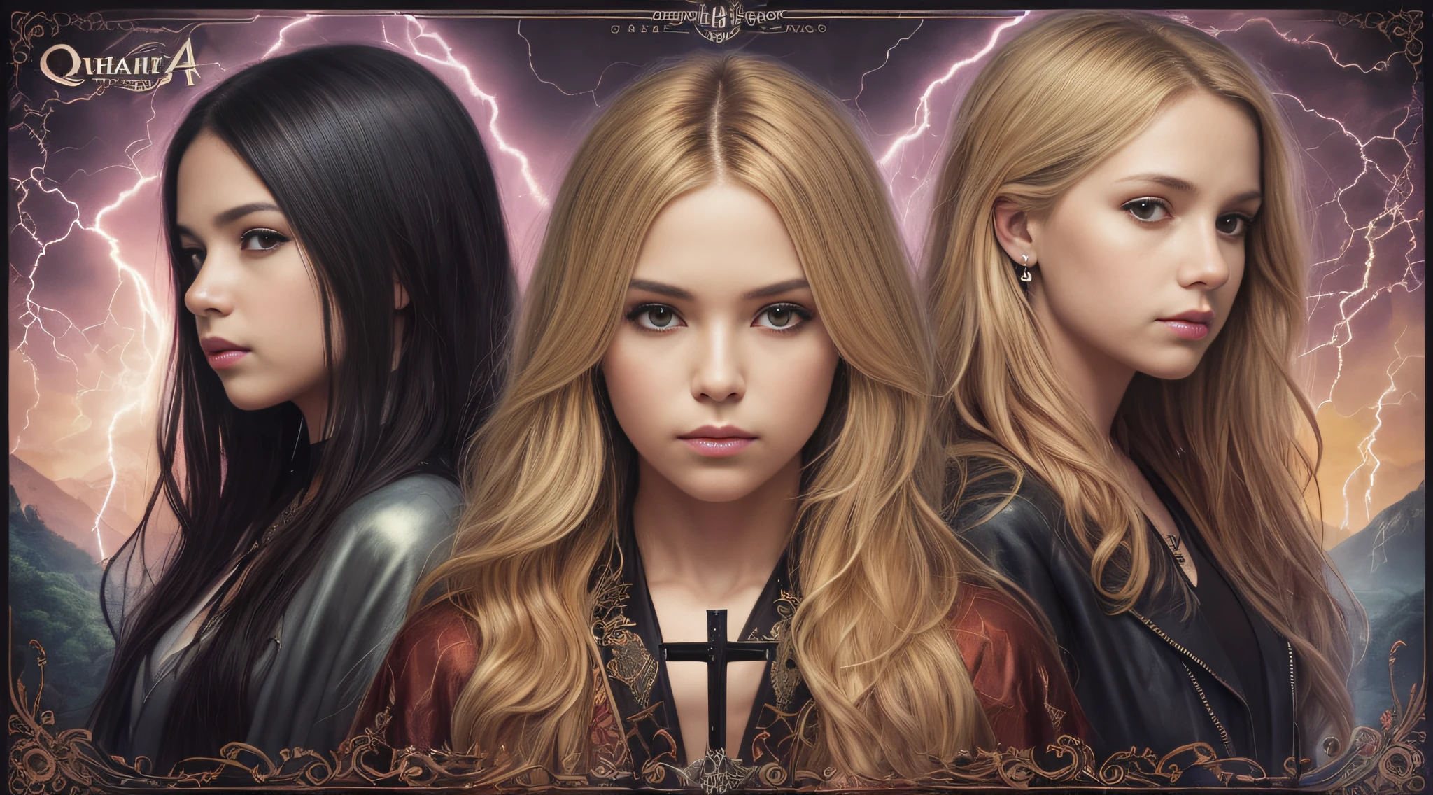 Um meio corpo, Portrait of 3 girls German children long blonde hair TRAIDS 12 years, jaquetas couro vermelhas, holding in his hands a cross, a closeup of a cross with lightning sticking out of it, power metal album cover, arte oficial, Album art, official poster artwork, Naga-Tirr, metal album cover, Arte Promocional, album, arte chave, Arte Oficial HDR, Directed by: Ignacio Zuloaga, arca album cover, album cape, arte detalhada da capa, em um fundo escuro
