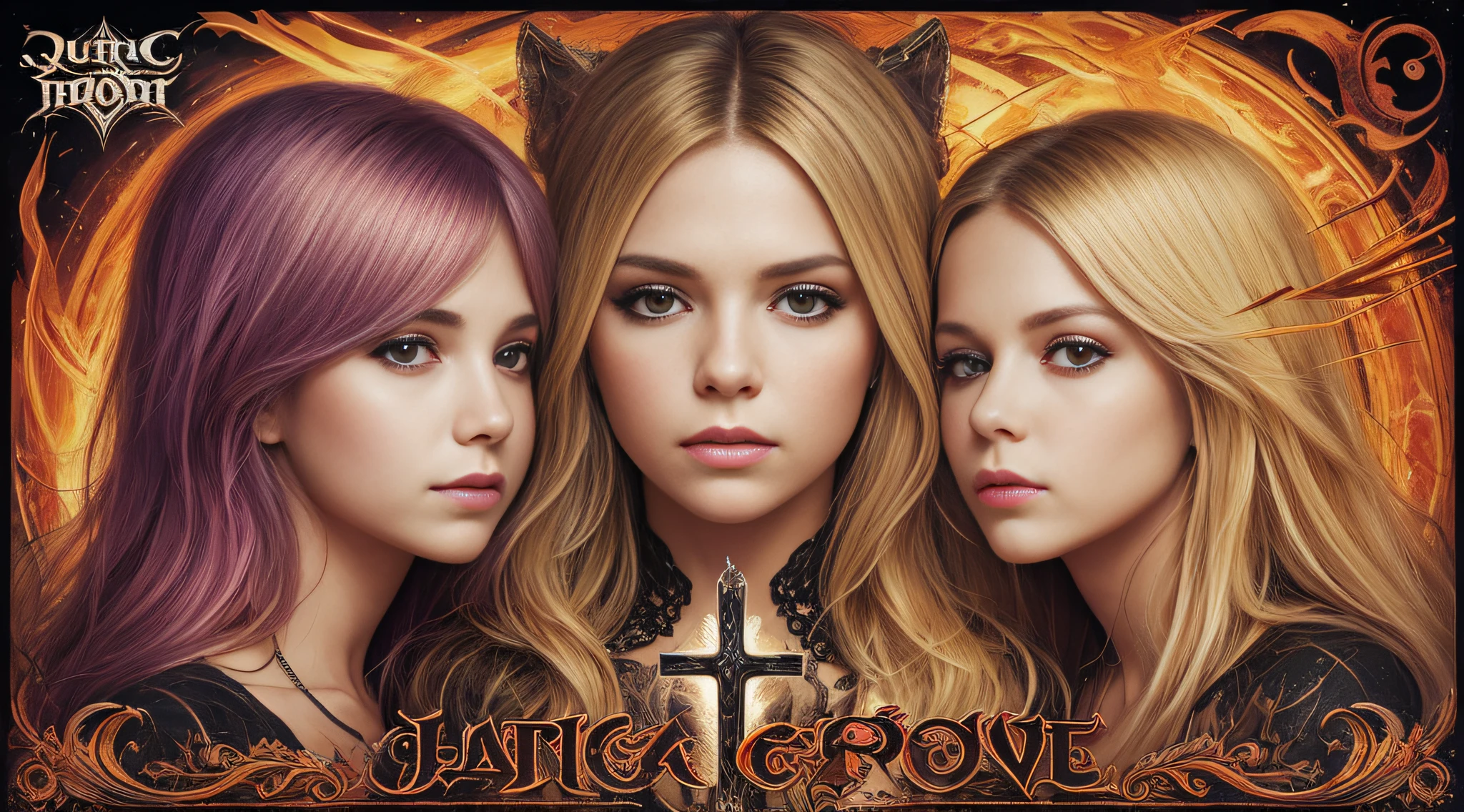 Um meio corpo, Portrait of 3 girls German children long blonde hair TRAIDS 12 years, jaquetas couro vermelhas, holding in his hands a cross, a closeup of a cross with lightning sticking out of it, power metal album cover, arte oficial, Album art, official poster artwork, Naga-Tirr, metal album cover, Arte Promocional, album, arte chave, Arte Oficial HDR, Directed by: Ignacio Zuloaga, arca album cover, album cape, arte detalhada da capa, em um fundo escuro