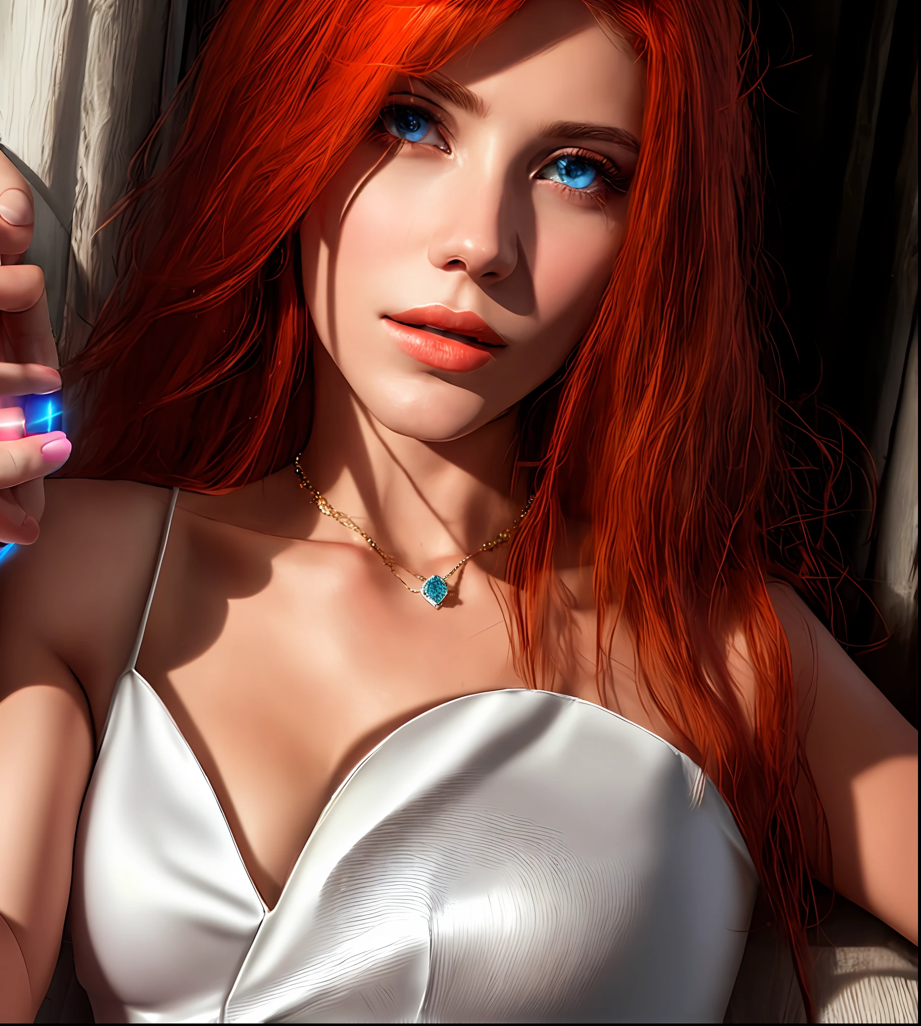 A woman with fiery red hair standing in a confident pose, showcasing her stunning beauty and elegance, Her porcelain-like skin complements her long and vibrant orange hair, eye reflection, with blue eyes, 20 years old, leg in front of chest, big face, big lips, pink lips, perfect nose, necklace with a pendant, glowing eyes, sparkling eyes, Hyperrealism, 4K, 8k, highres, award winning, super detail, high details, textured skin, anatomically correct, masterpiece, sfw, no hair on face,