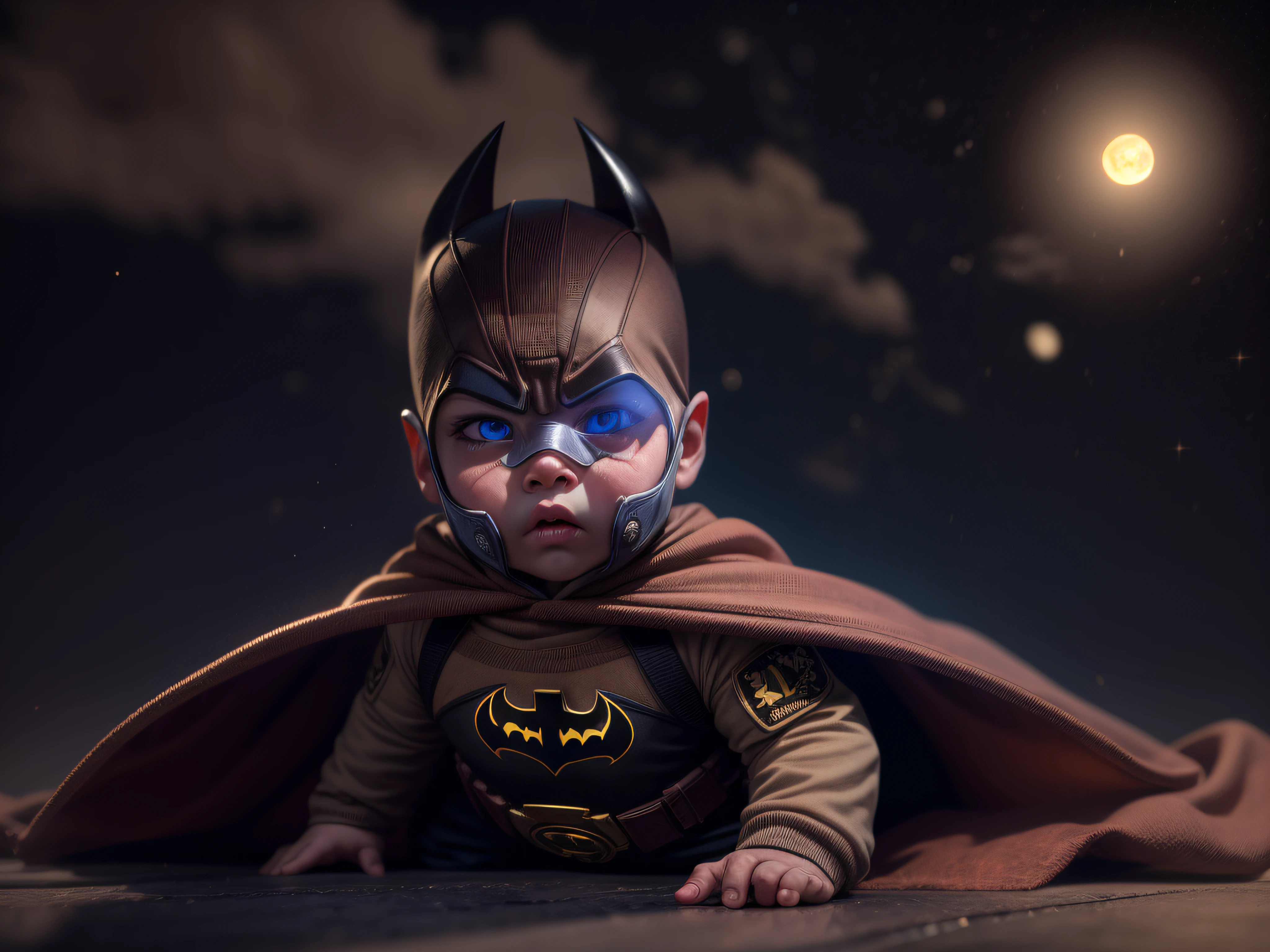 Close a powerful threat, The imposing appearance of the mighty Batman in the form of a baby dressed in beige uniform, azul-marinho e bronze em uma manjedoura, menacing stare, ricamente detalhado, Hiper realista, 3D-rendering, obra-prima, NVIDIA, RTX, ray-traced, Bokeh, Night sky with a huge and beautiful full moon, estrelas brilhando, 8k,