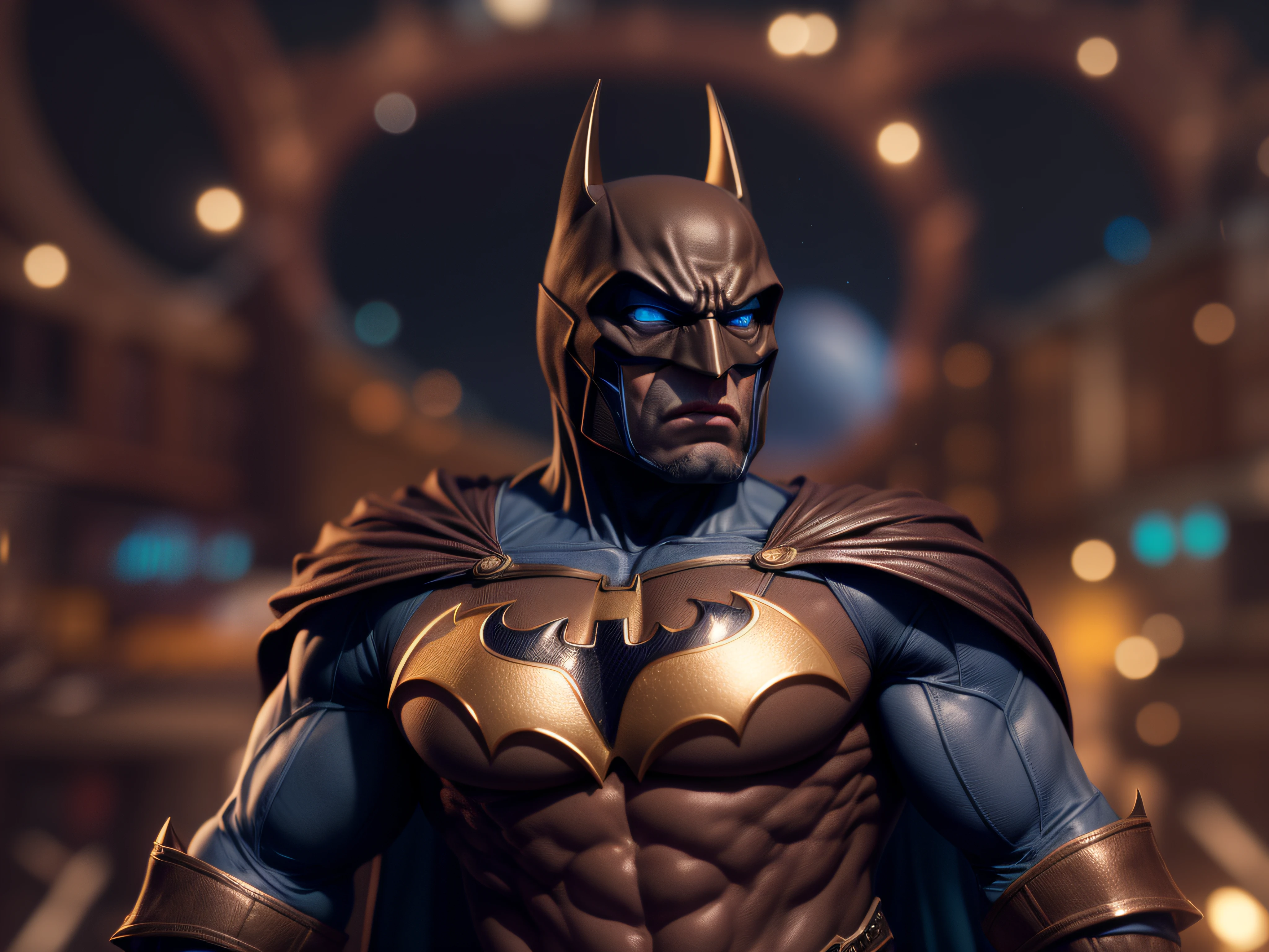 Close a powerful threat, The imposing appearance of the mighty Batman in the form of a baby dressed in beige uniform, azul-marinho e bronze em uma manjedoura, menacing stare, ricamente detalhado, Hiper realista, 3D-rendering, obra-prima, NVIDIA, RTX, ray-traced, Bokeh, Night sky with a huge and beautiful full moon, estrelas brilhando, 8k,