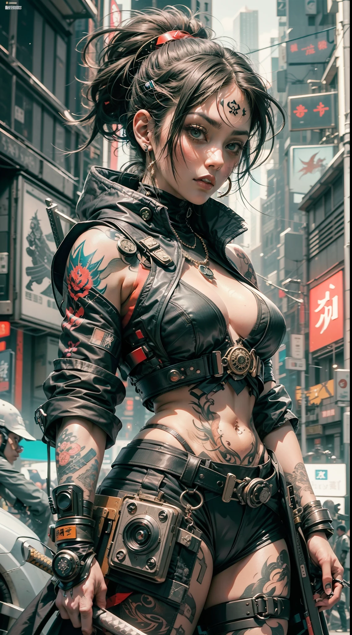 arafed woman with a tattoo on her chest and a pair of swords, cyberpunk art inspired by Kanō Hōgai, trending on cgsociety, neo-dada, cyberpunk streetwear, very beautiful cyberpunk samurai, wearing cyberpunk streetwear, cyberpunk samurai, cyberpunk street goon, wearing japanese techwear, cyberpunk clothes, cyberpunk fashion clothing, cyberpunk fashion, urban samurai