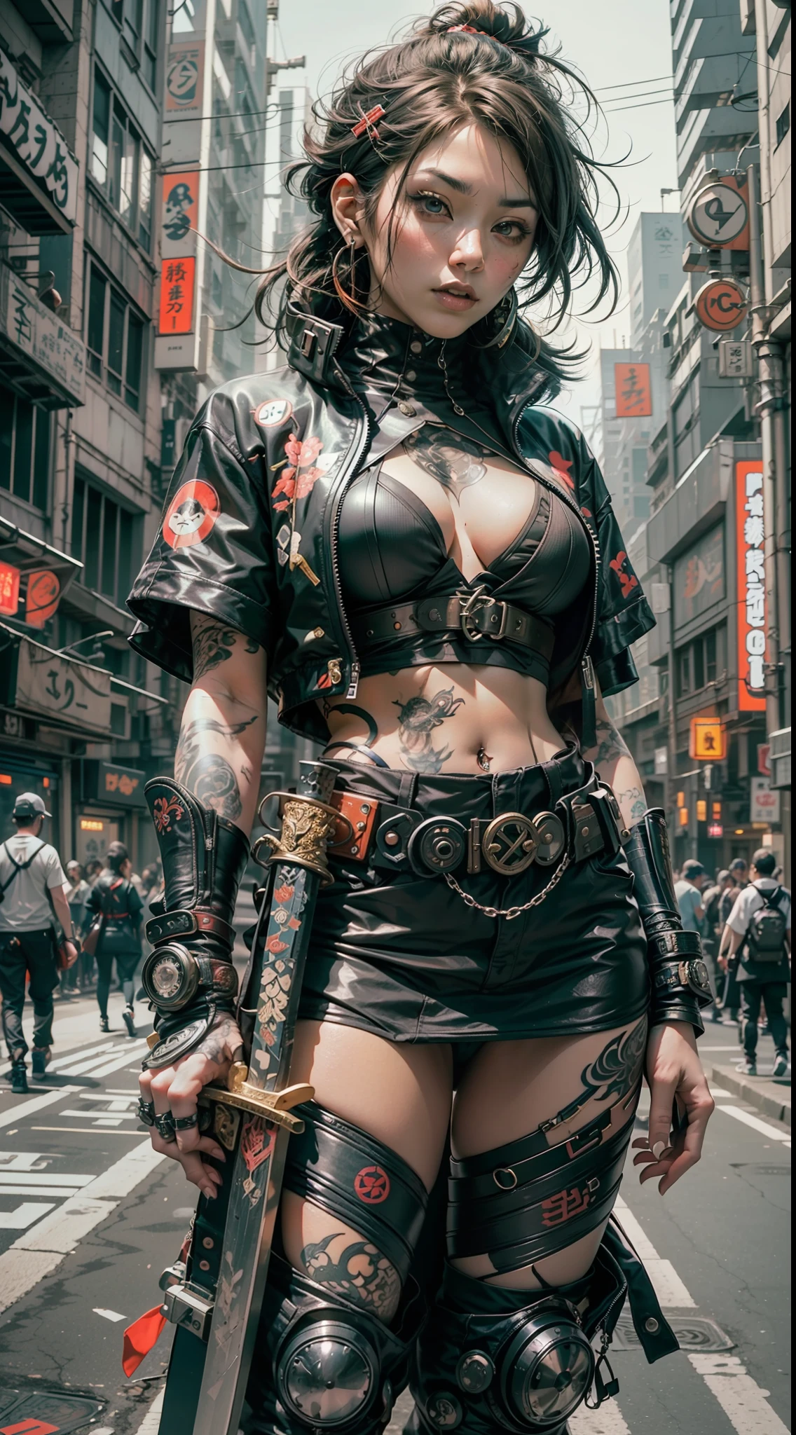 arafed woman with a tattoo on her chest and a pair of swords, cyberpunk art inspired by Kanō Hōgai, trending on cgsociety, neo-dada, cyberpunk streetwear, very beautiful cyberpunk samurai, wearing cyberpunk streetwear, cyberpunk samurai, cyberpunk street goon, wearing japanese techwear, cyberpunk clothes, cyberpunk fashion clothing, cyberpunk fashion, urban samurai