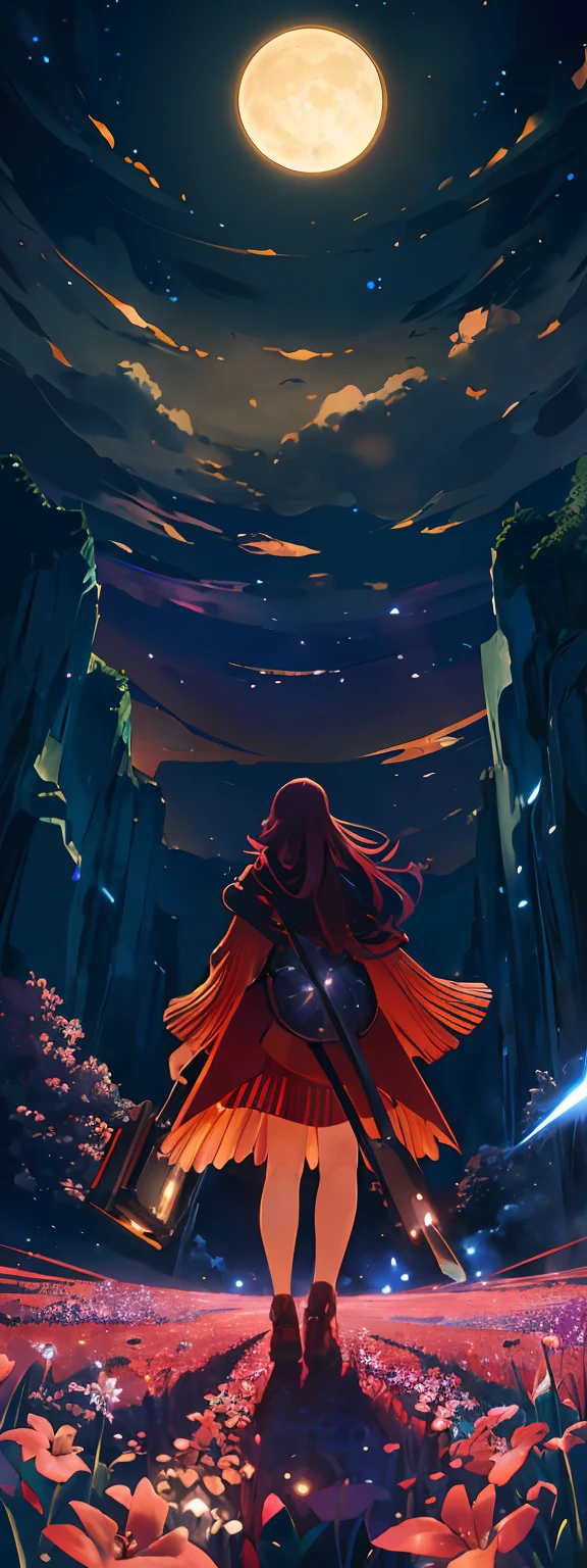 expansive landscape photograph , (a view from below that shows sky above and open field below), a girl standing on flower field looking up, (full moon:1.2), ( shooting stars:0.9), (nebula:1.3), distant mountain, tree BREAK
production art, (warm light source:1.2), (Firefly:1.2), lamp, lot of purple and orange, intricate details, volumetric lighting, realism BREAK
(masterpiece:1.2), (best quality), 4k, ultra-detailed, (dynamic composition:1.4), highly detailed, colorful details,( iridescent colors:1.2), (glowing lighting, atmospheric lighting), dreamy, magical, (solo:1.2)