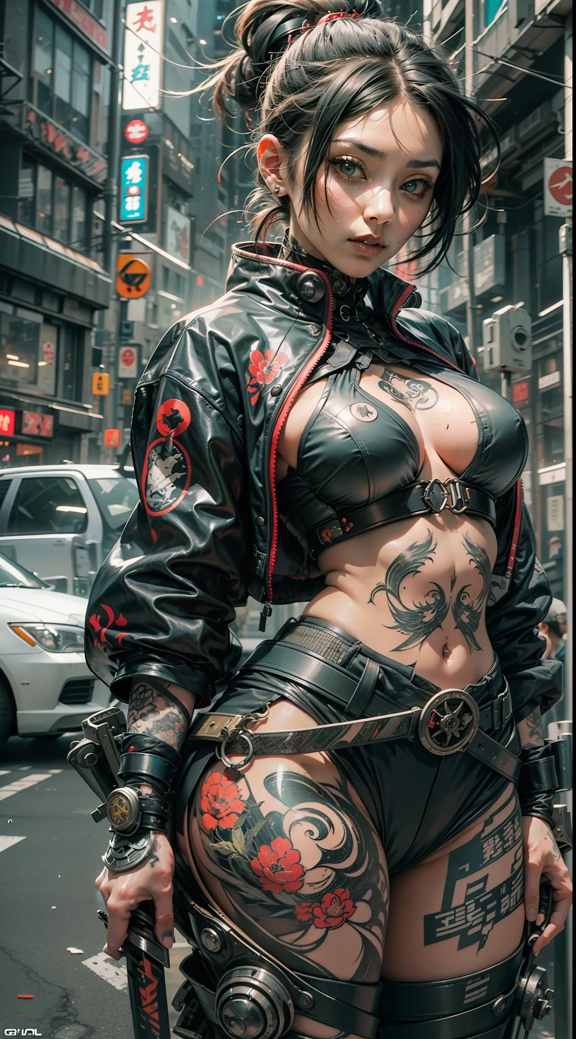 arafed woman with a tattoo on her chest and a pair of swords, cyberpunk art inspired by Kanō Hōgai, trending on cgsociety, neo-dada, cyberpunk streetwear, very beautiful cyberpunk samurai, wearing cyberpunk streetwear, cyberpunk samurai, cyberpunk street goon, wearing japanese techwear, cyberpunk clothes, cyberpunk fashion clothing, cyberpunk fashion, urban samurai