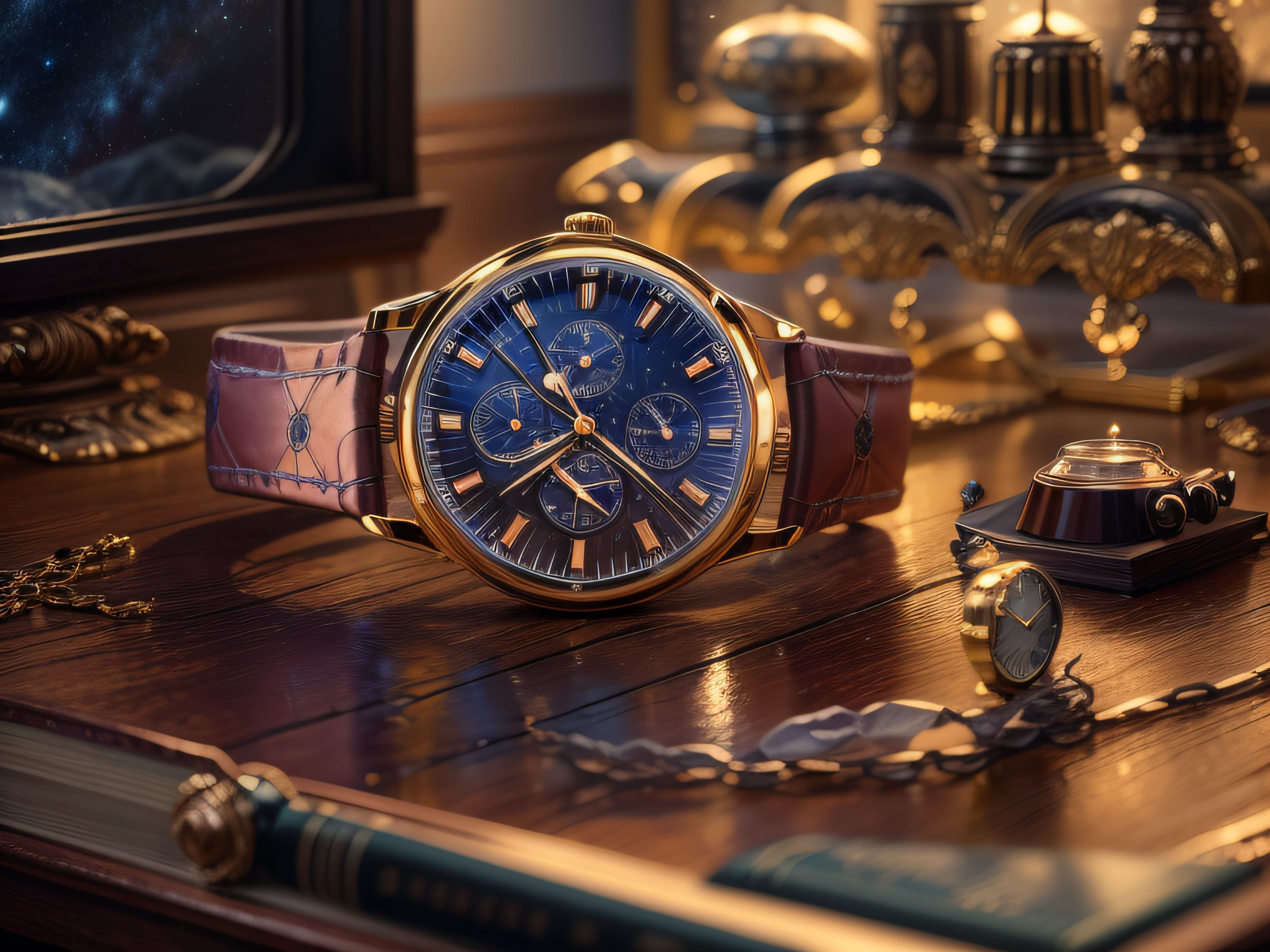 Close-up on a beautiful Patek Phillipe watch, on top of a wooden office desk, Lurid lighting, richly detailed clock, hiper realista, luxury watch, 3D-rendering, obra-prima, NVIDIA, RTX, ray-traced, Bokeh, Night sky with a huge full moon seen through the window, estrelas brilhando, 8k,