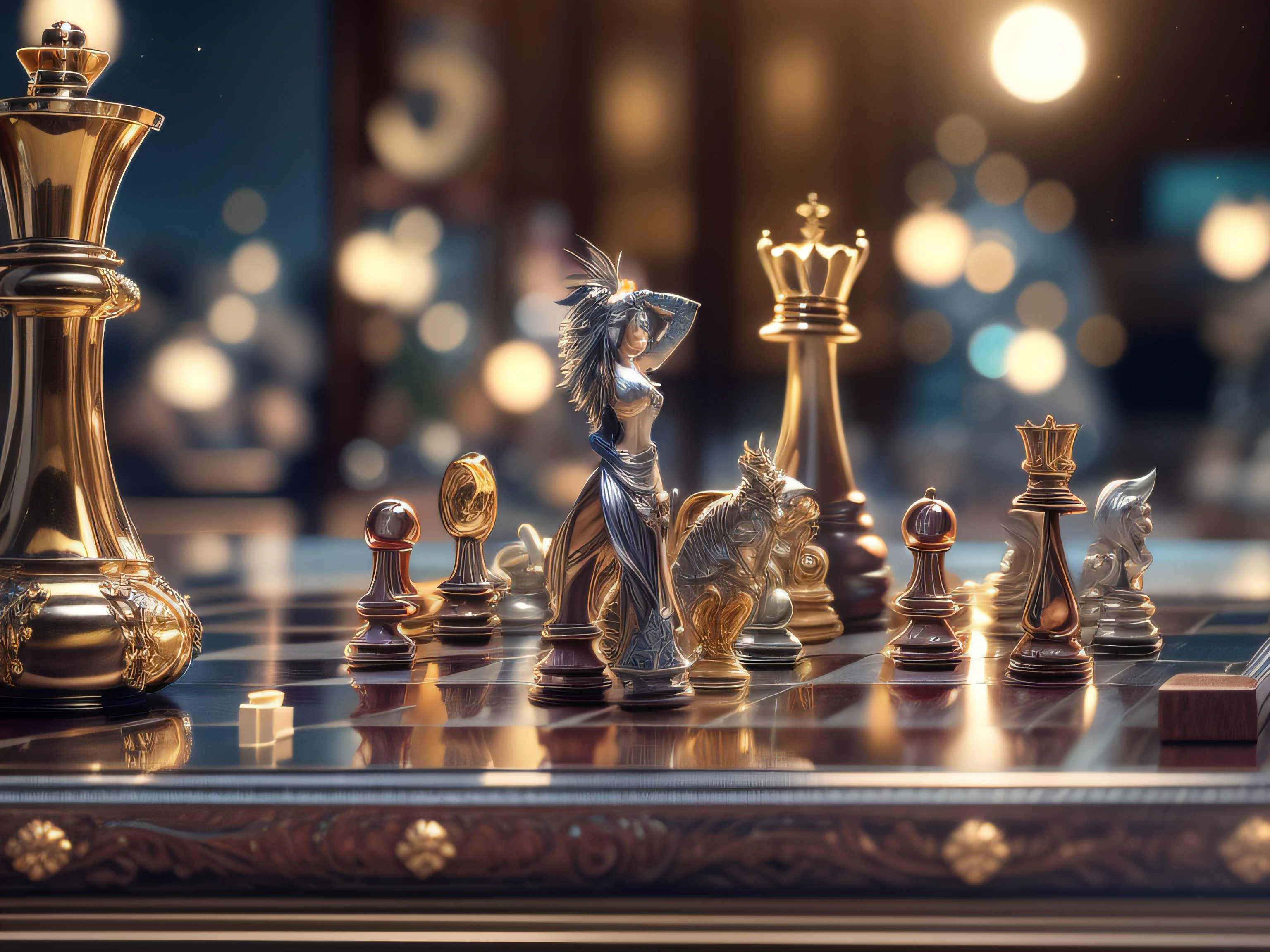 Close-up on a beautiful mirrored board chess game and pieces made of marble, on top of a wooden office desk, Lurid lighting, richly detailed clock, hiper realista, luxury watch, 3D-rendering, obra-prima, NVIDIA, RTX, ray-traced, Bokeh, Night sky with a huge full moon seen through the window, estrelas brilhando, 8k,