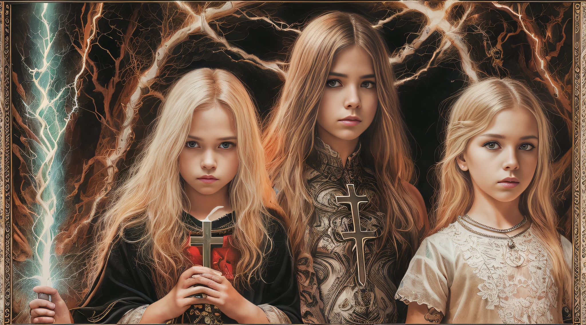 Um meio corpo, Portrait of 3 girls German children long blonde hair TRAIDS 12 years, jaquetas couro vermelhas, holding in his hands a cross, a closeup of a cross with lightning sticking out of it, power metal album cover, arte oficial, Album art, official poster artwork, Naga-Tirr, metal album cover, Arte Promocional, album, arte chave, Arte Oficial HDR, Directed by: Ignacio Zuloaga, arca album cover, album cape, arte detalhada da capa, em um fundo escuro