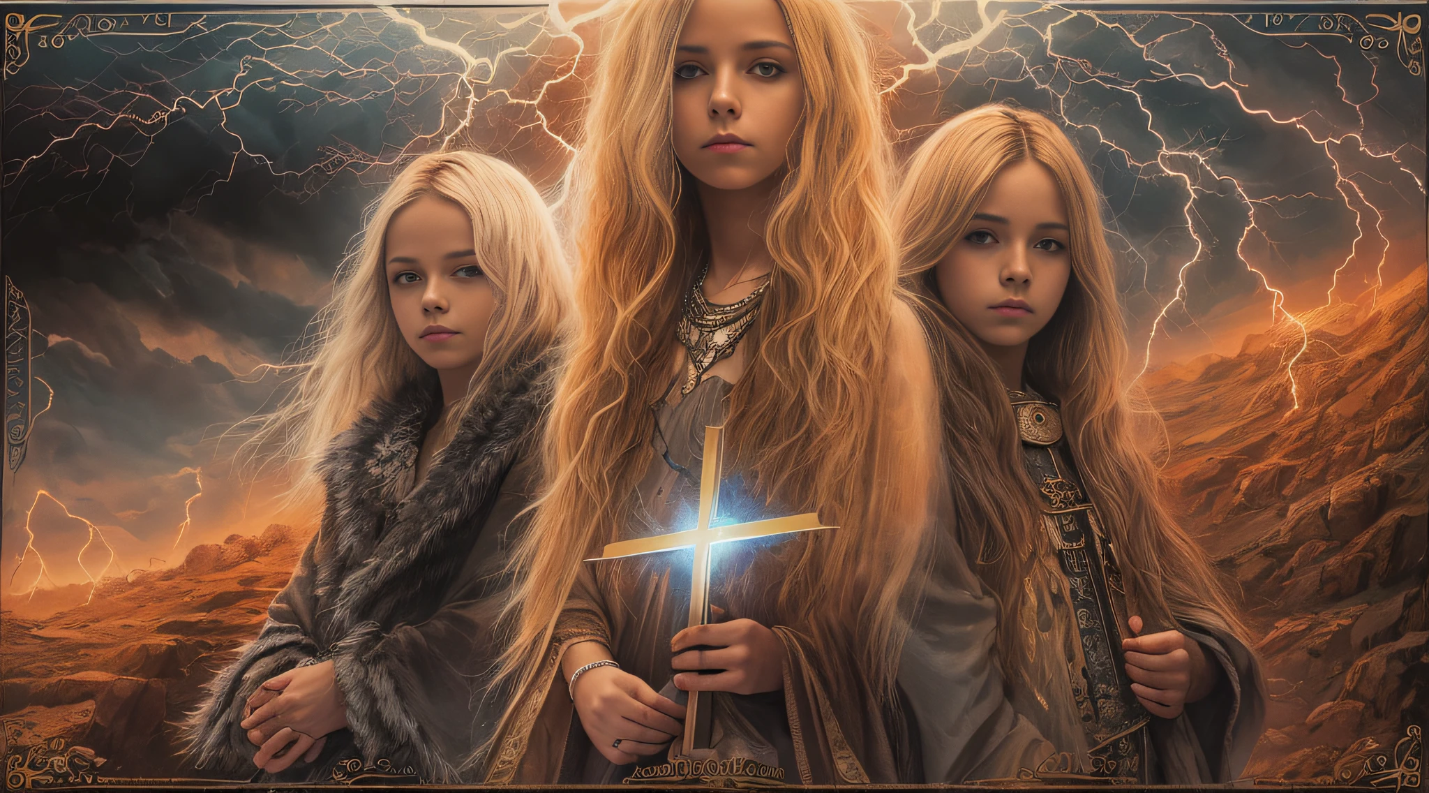 Um meio corpo, Portrait of 3 girls German children long blonde hair TRAIDS 12 years, jaquetas couro vermelhas, holding in his hands a cross, a closeup of a cross with lightning sticking out of it, power metal album cover, arte oficial, Album art, official poster artwork, Naga-Tirr, metal album cover, Arte Promocional, album, arte chave, Arte Oficial HDR, Directed by: Ignacio Zuloaga, arca album cover, album cape, arte detalhada da capa, em um fundo escuro