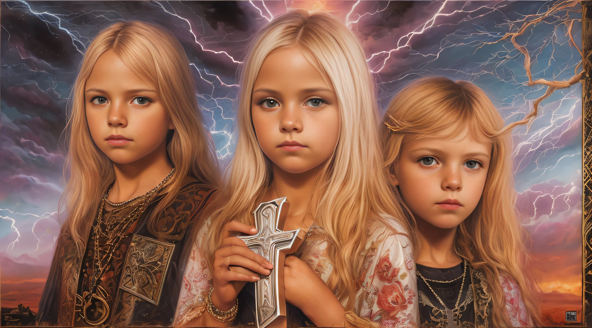 Um meio corpo, Portrait of 3 girls German children long blonde hair TRAIDS 12 years, jaquetas couro vermelhas, holding in his hands a cross, a closeup of a cross with lightning sticking out of it, power metal album cover, arte oficial, Album art, official poster artwork, Naga-Tirr, metal album cover, Arte Promocional, album, arte chave, Arte Oficial HDR, Directed by: Ignacio Zuloaga, arca album cover, album cape, arte detalhada da capa, em um fundo escuro