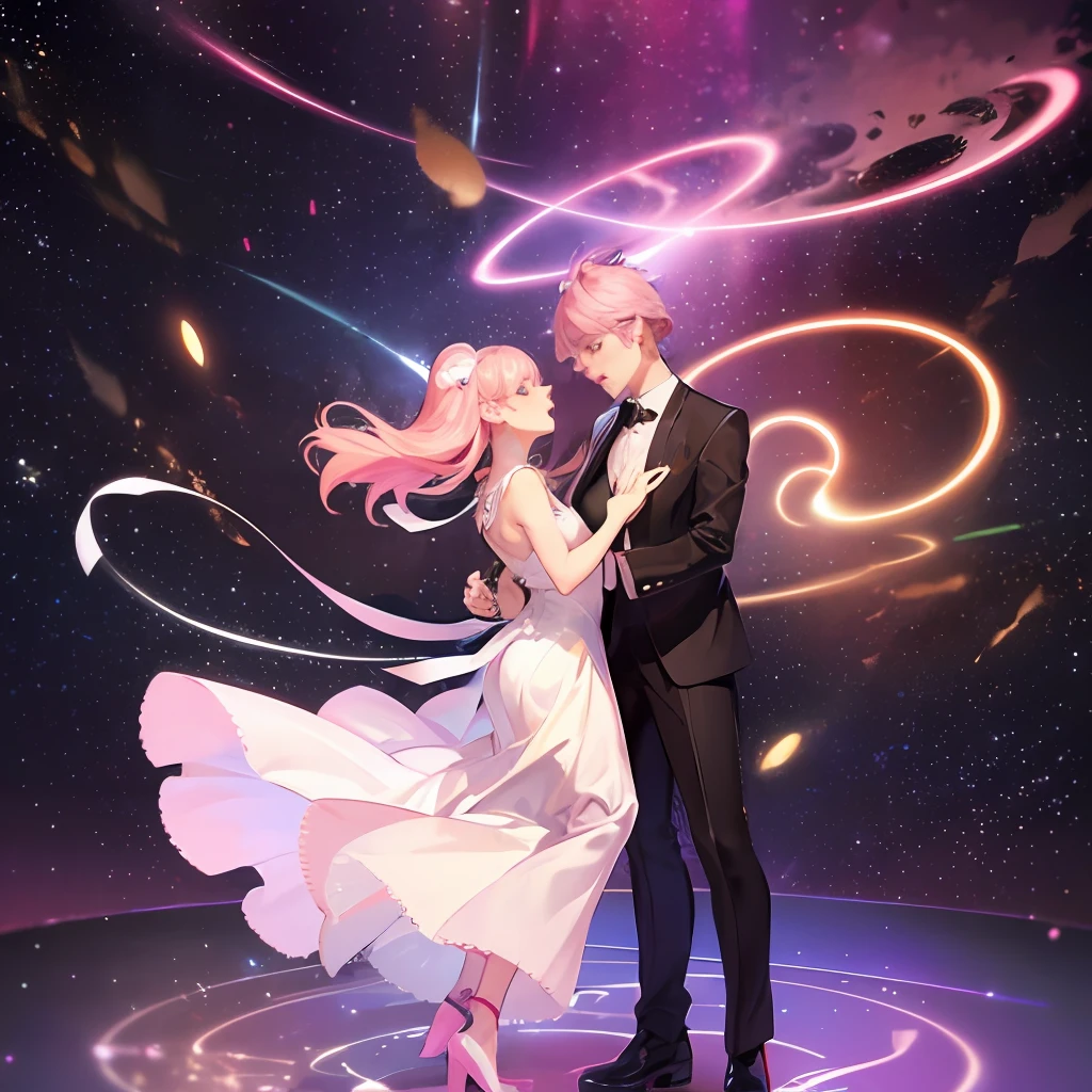 Couple dancing in the universe near the galaxy with lights pink south with light hair andsexy man lookgalantiador --auto --s2