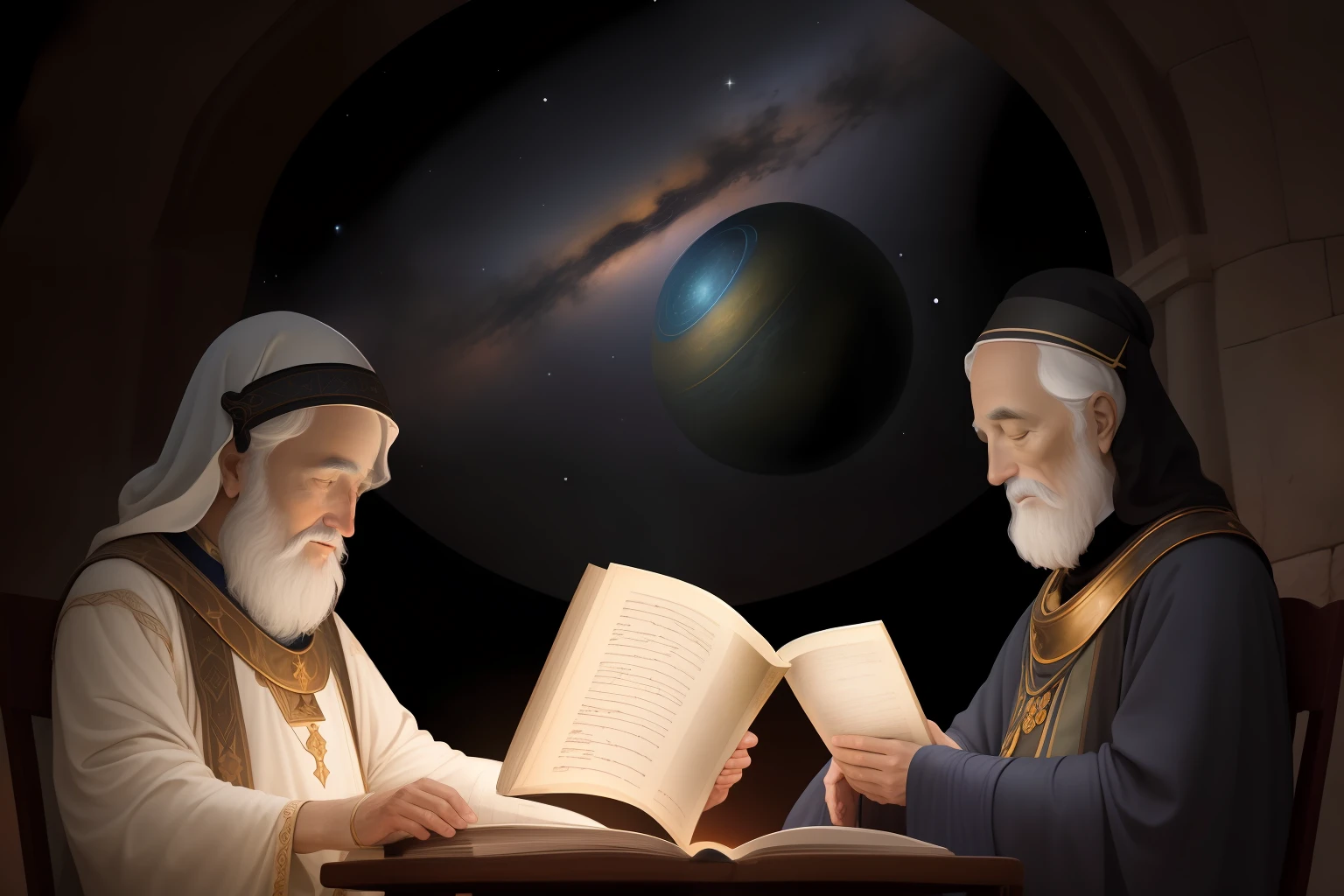 Ancient astronomers observing the cosmos, representing the book's unique cosmological insights. Narration: "The text offers a unique perspective on the cosmology and theology of its time, influencing various religious traditions."